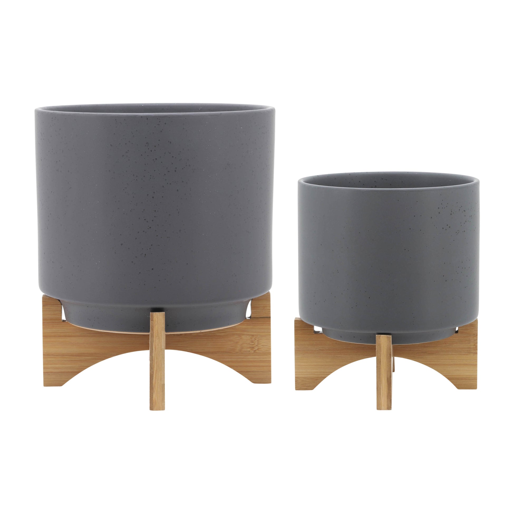 S 2 8 10" Planter W Wood Stand, Matte Gray Gray Ceramic