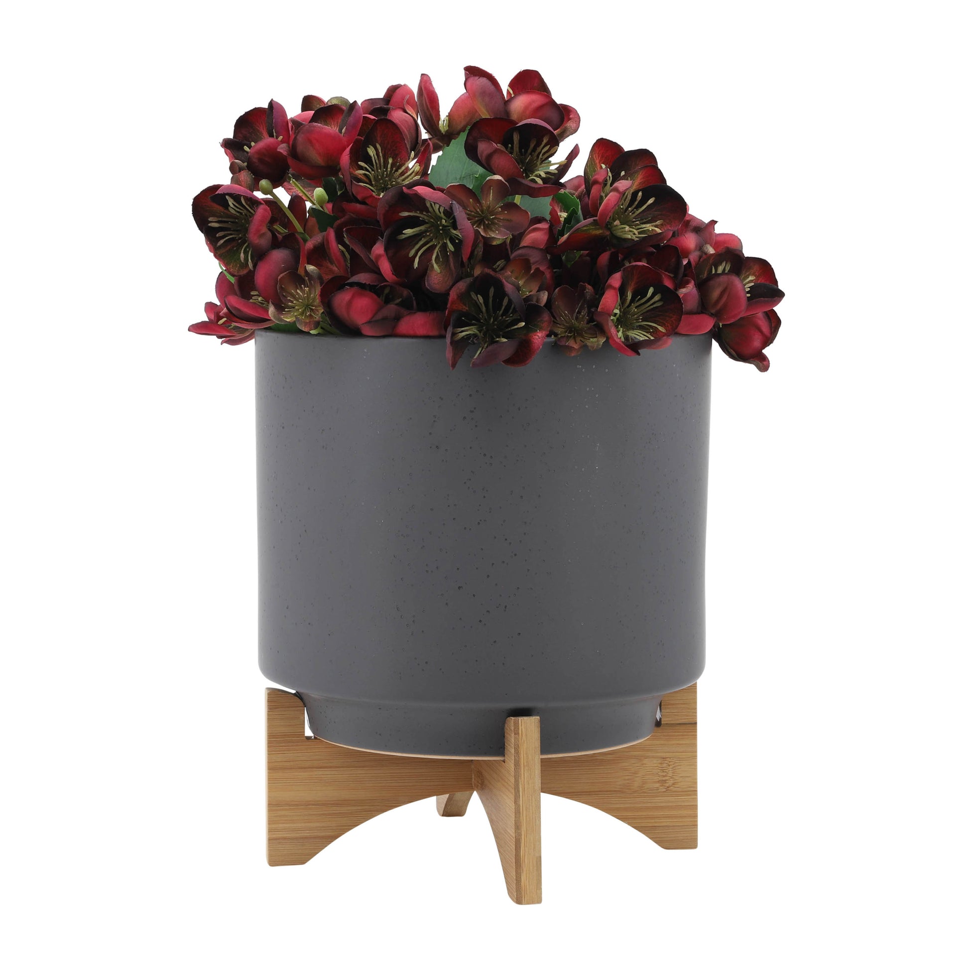 S 2 8 10" Planter W Wood Stand, Matte Gray Gray Ceramic