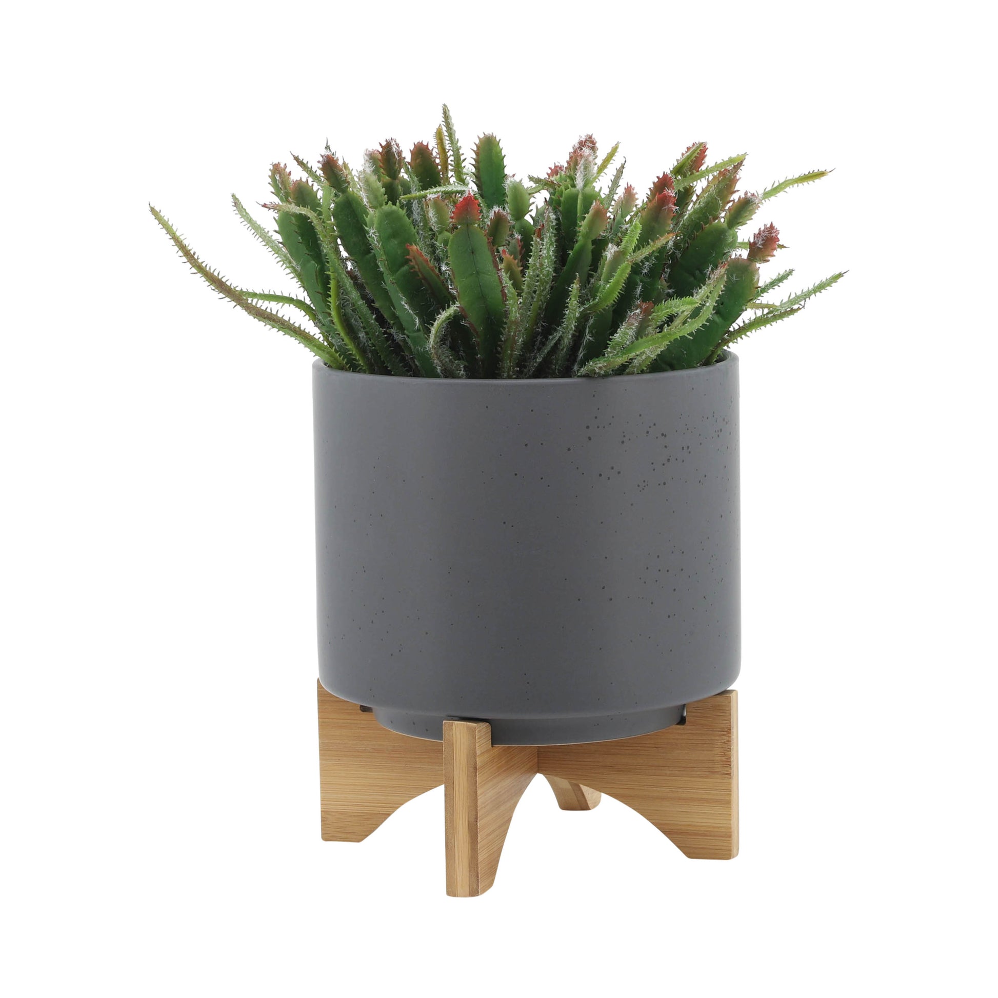 S 2 8 10" Planter W Wood Stand, Matte Gray Gray Ceramic