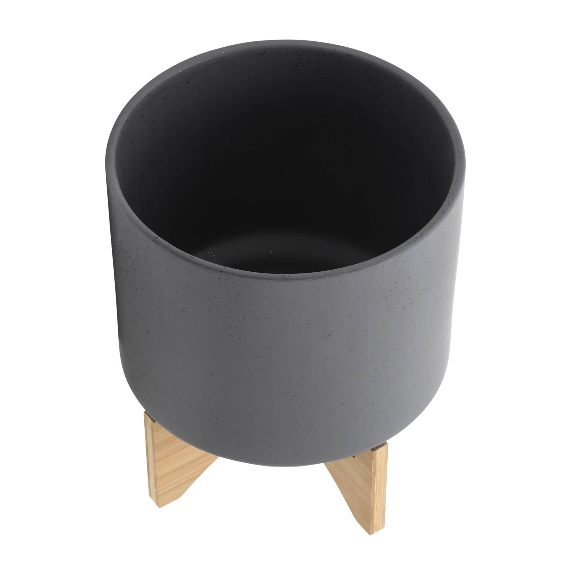 S 2 8 10" Planter W Wood Stand, Matte Gray Gray Ceramic