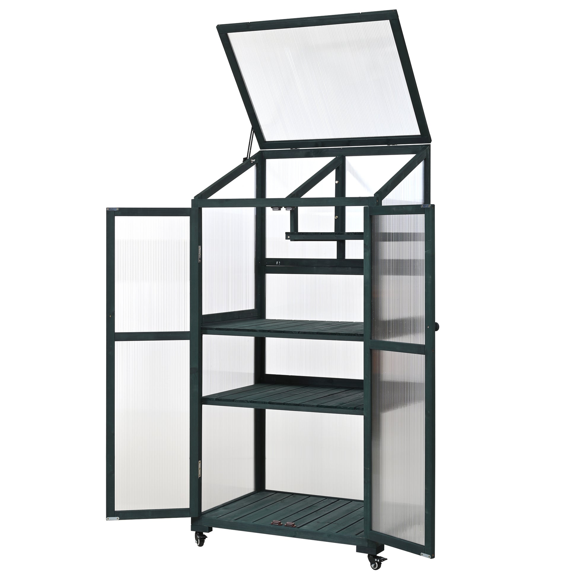 62Inch Height Wood Large Greenhouse Balcony Portable Cold Frame With Wheels And Adjustable Shelves For Outdoor Indoor Use, Forest Green Green Casual Wood Solid Wood