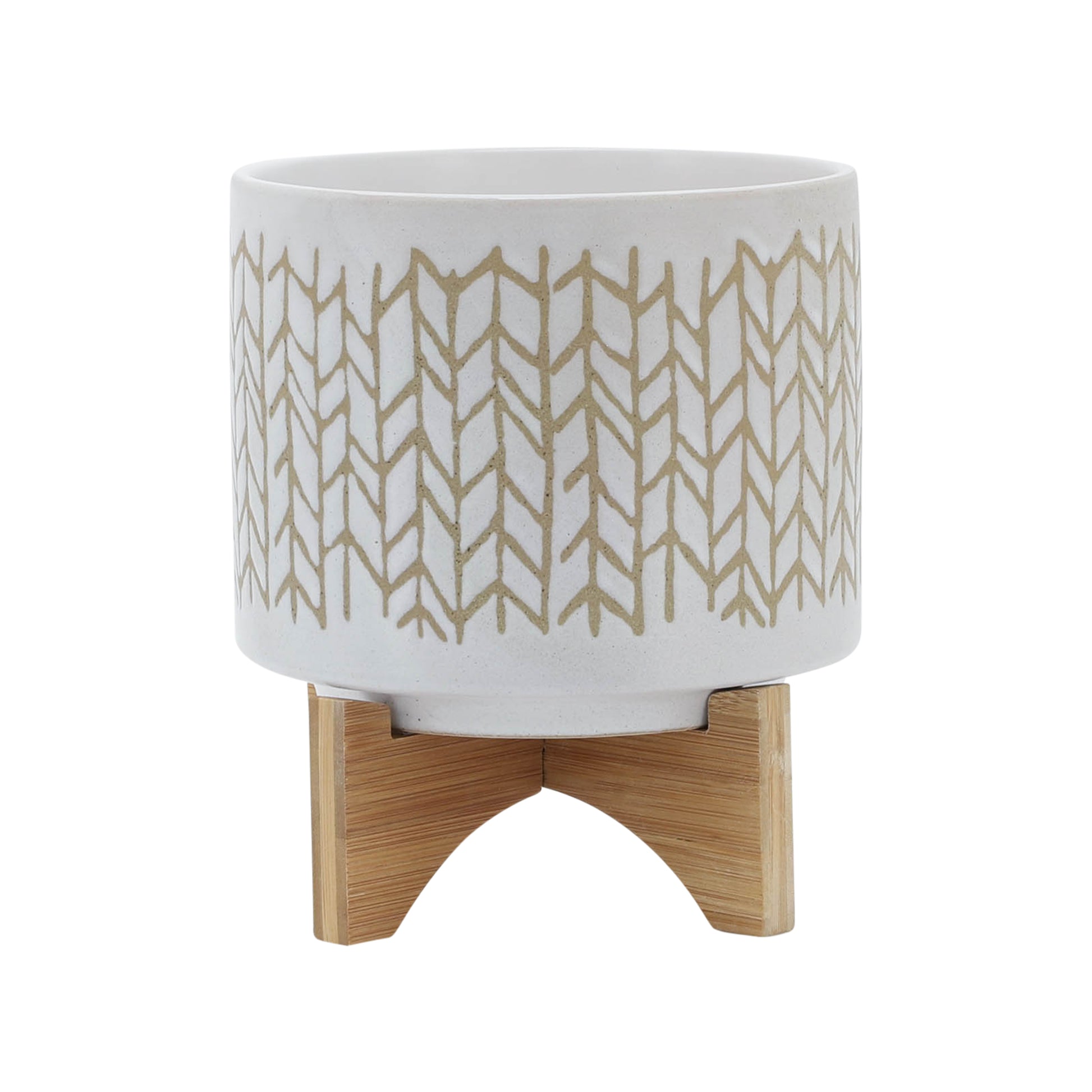 8" Chevron Planter W Wood Stand, Beige Beige Ceramic