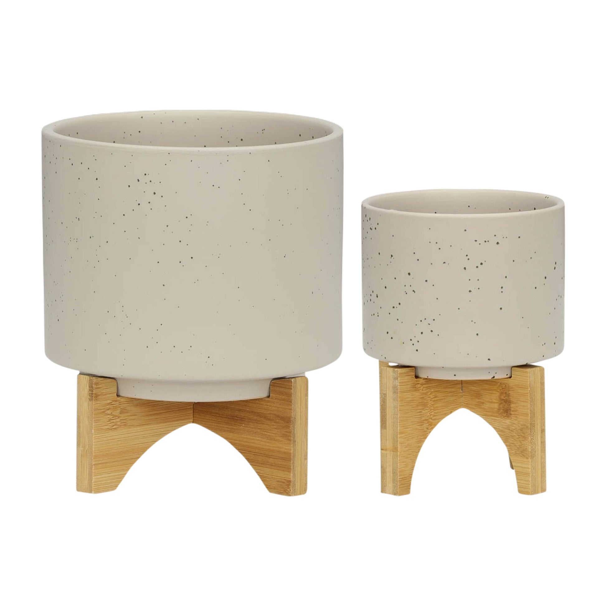 S 2 5 8" Planter W Wood Stand, Matte Beige Beige Ceramic