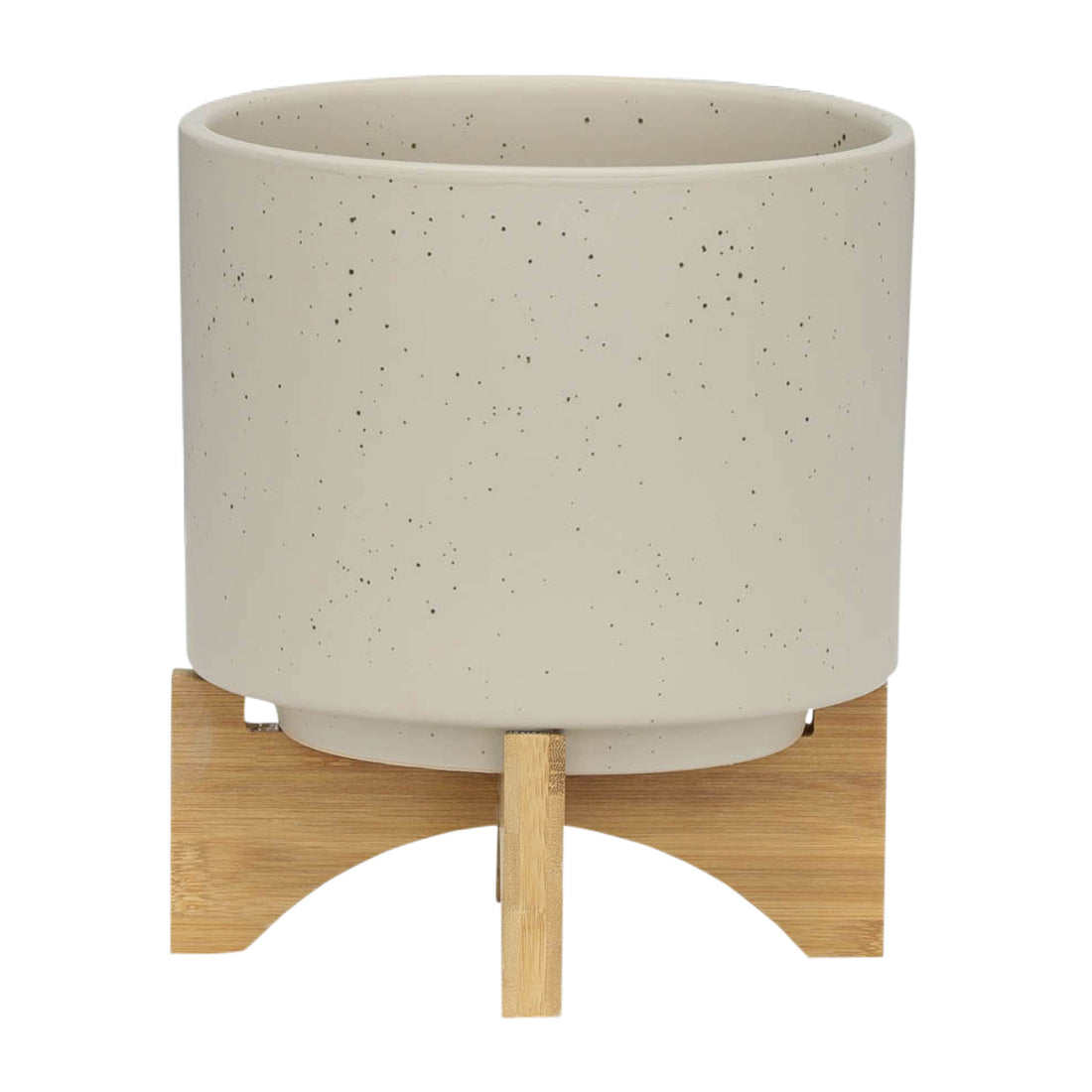 S 2 5 8" Planter W Wood Stand, Matte Beige Beige Ceramic