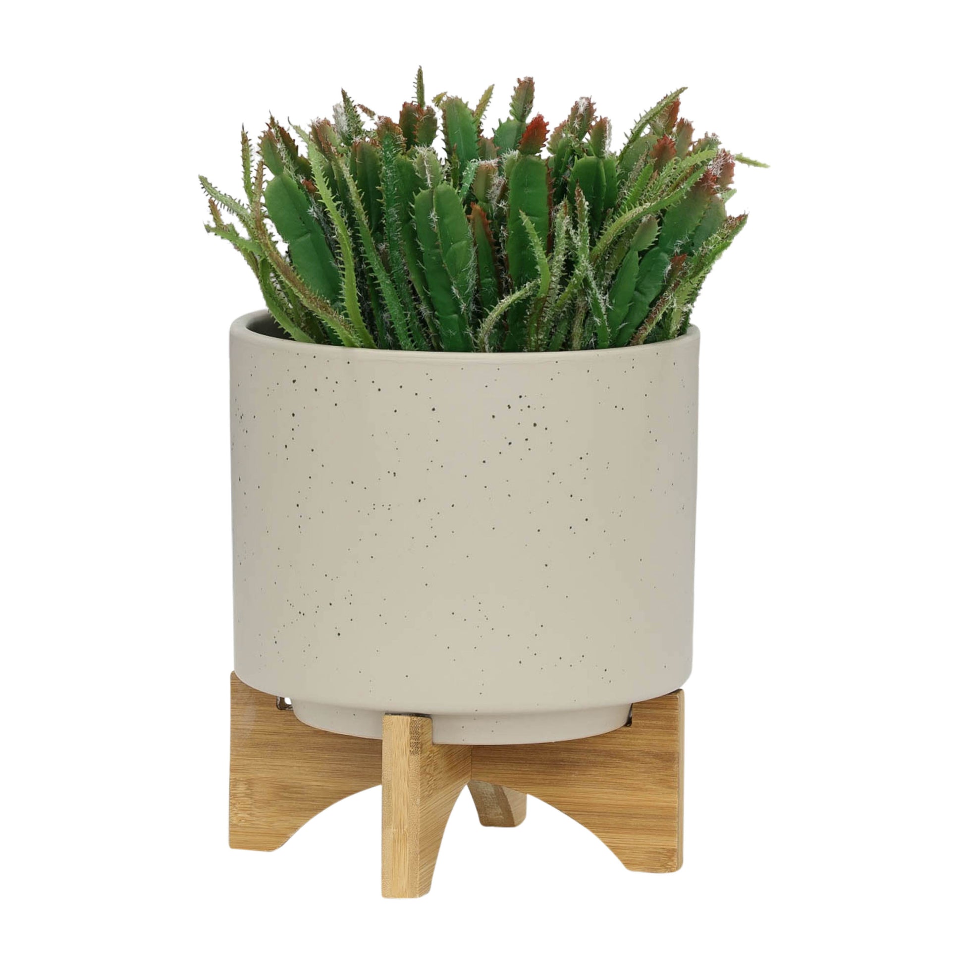 S 2 5 8" Planter W Wood Stand, Matte Beige Beige Ceramic