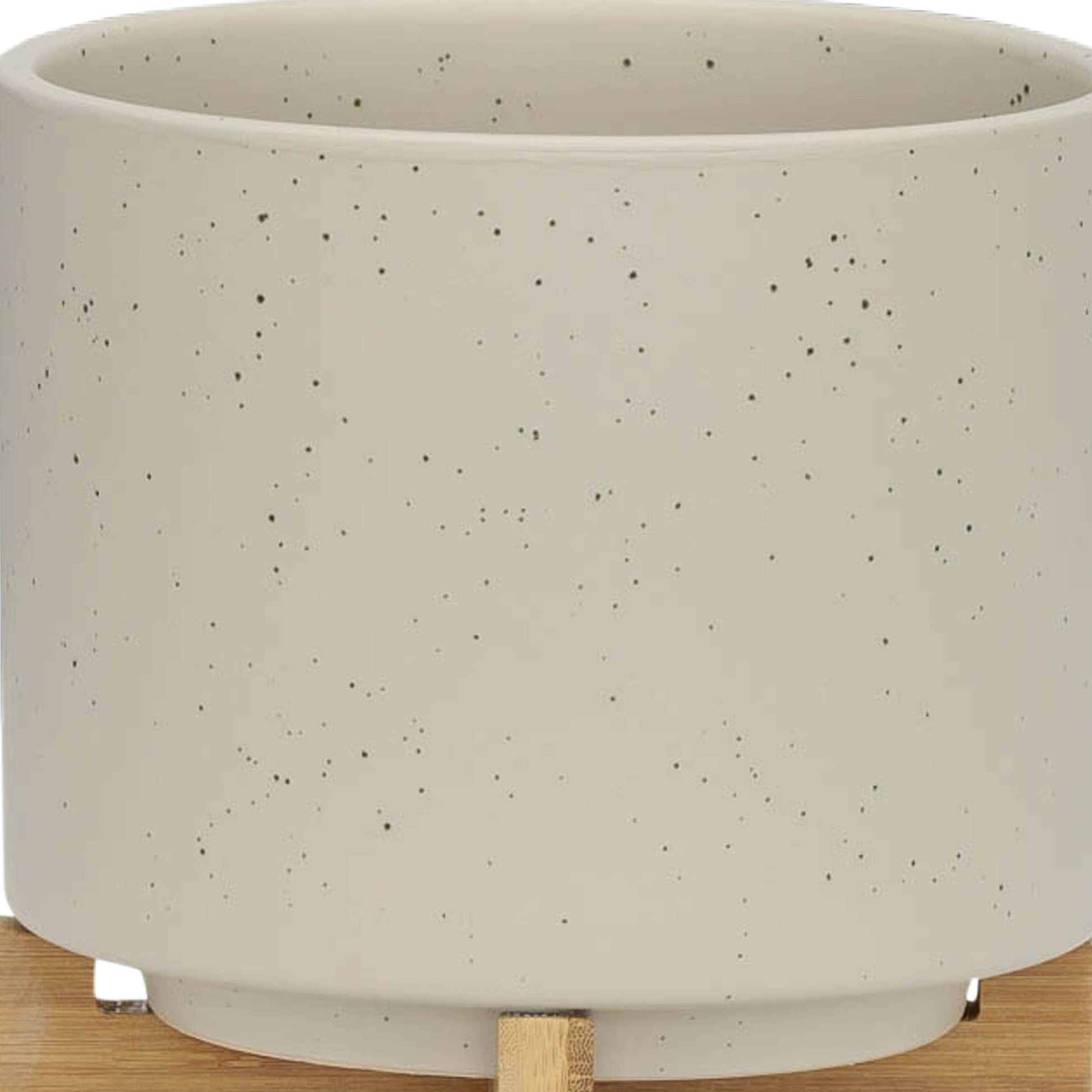 S 2 5 8" Planter W Wood Stand, Matte Beige Beige Ceramic