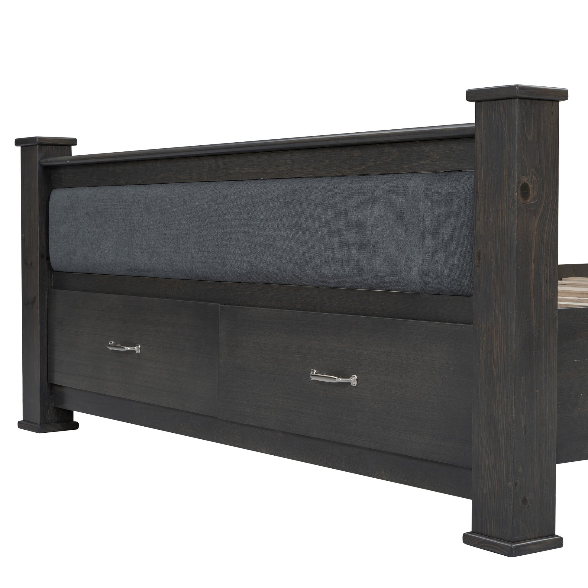 Queen Size Wood Frame Platform Bed With Upholstered Headboard, Footboard And 2 Drawers, Antique Gray Box Spring Not Required Queen Antique Gray Wood Bed Frame Solid Wood Mdf