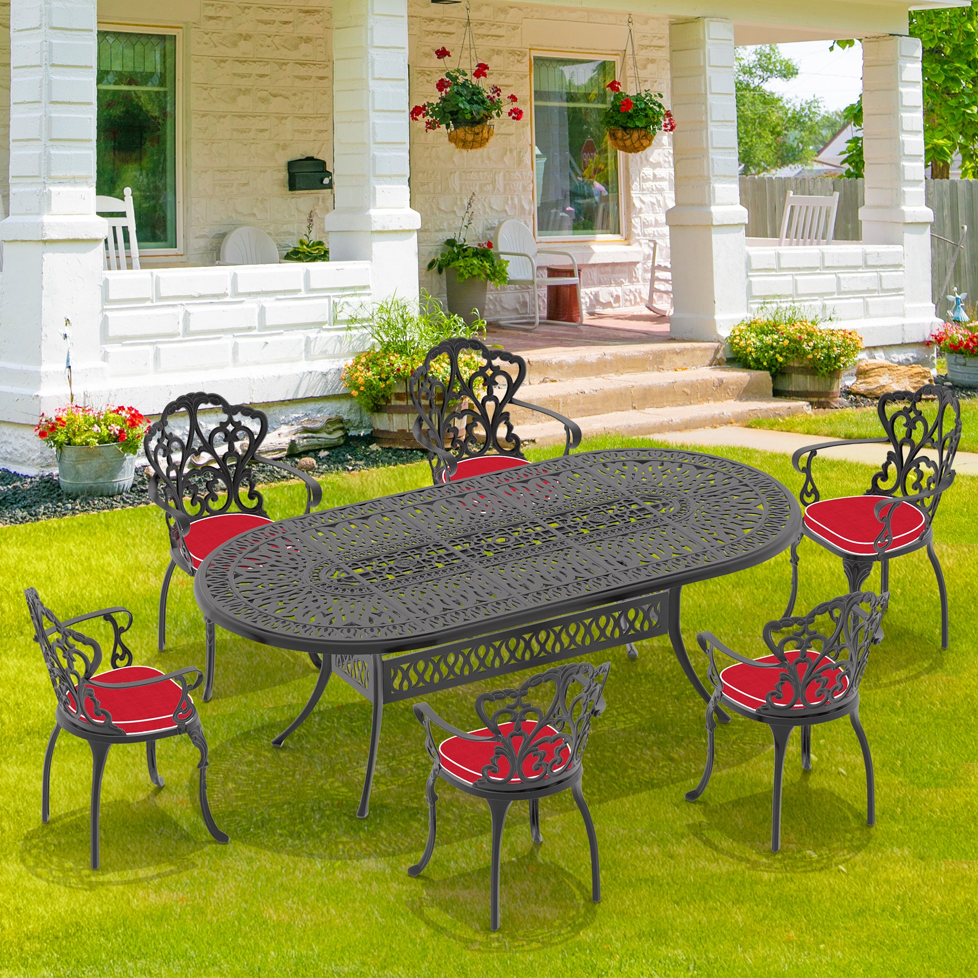 Cushions In Random Colors 7 Piece Set Of Cast Aluminum Patio Furniture With Cushions Yes Dining Set Black Seats 6 Rust Resistant Frame Water Resistant Cushion Garden & Outdoor Complete Patio Sets Aluminium