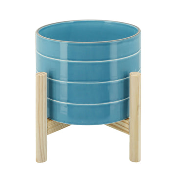 8" Striped Planter W Wood Stand, Skyblue Blue Ceramic