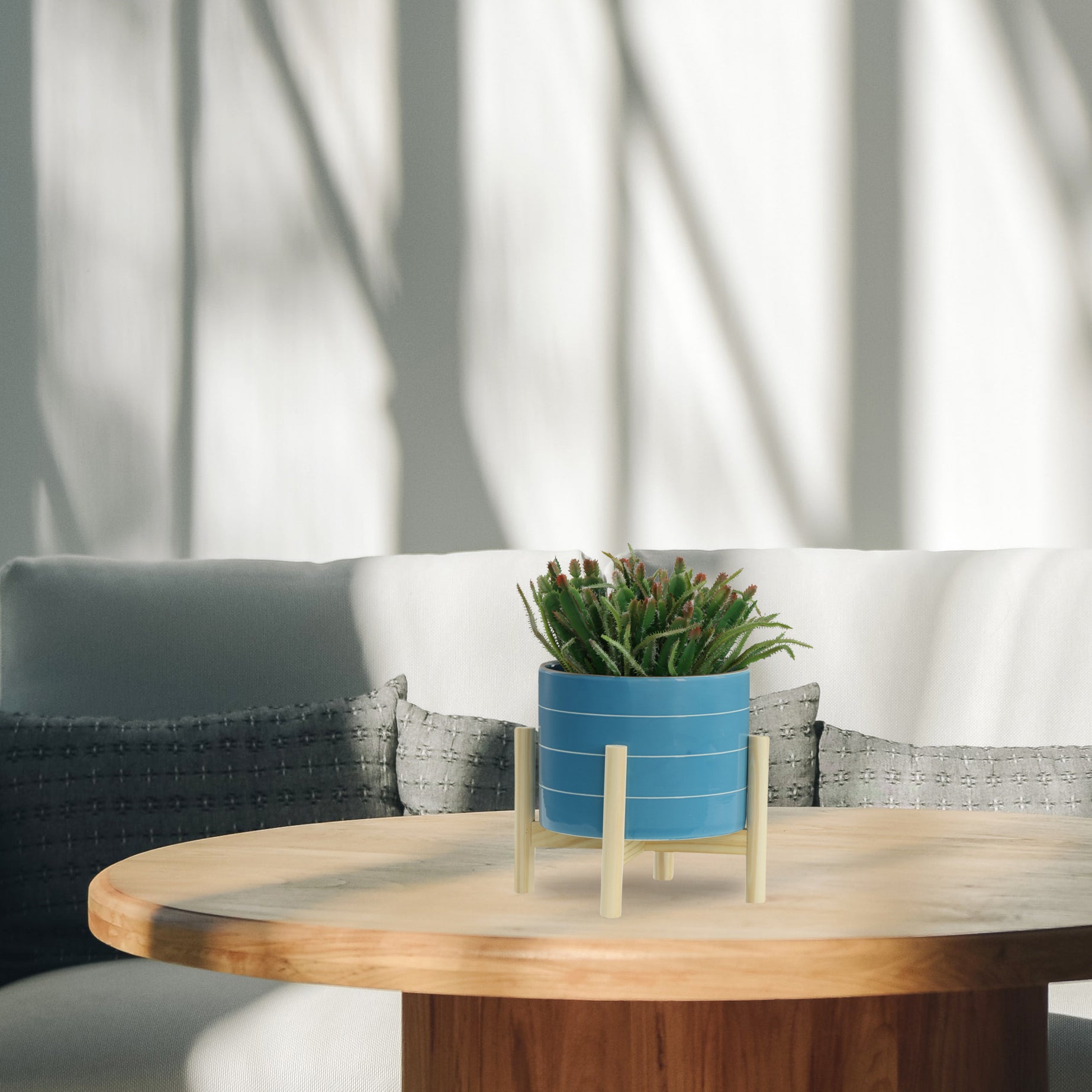 8" Striped Planter W Wood Stand, Skyblue Blue Ceramic