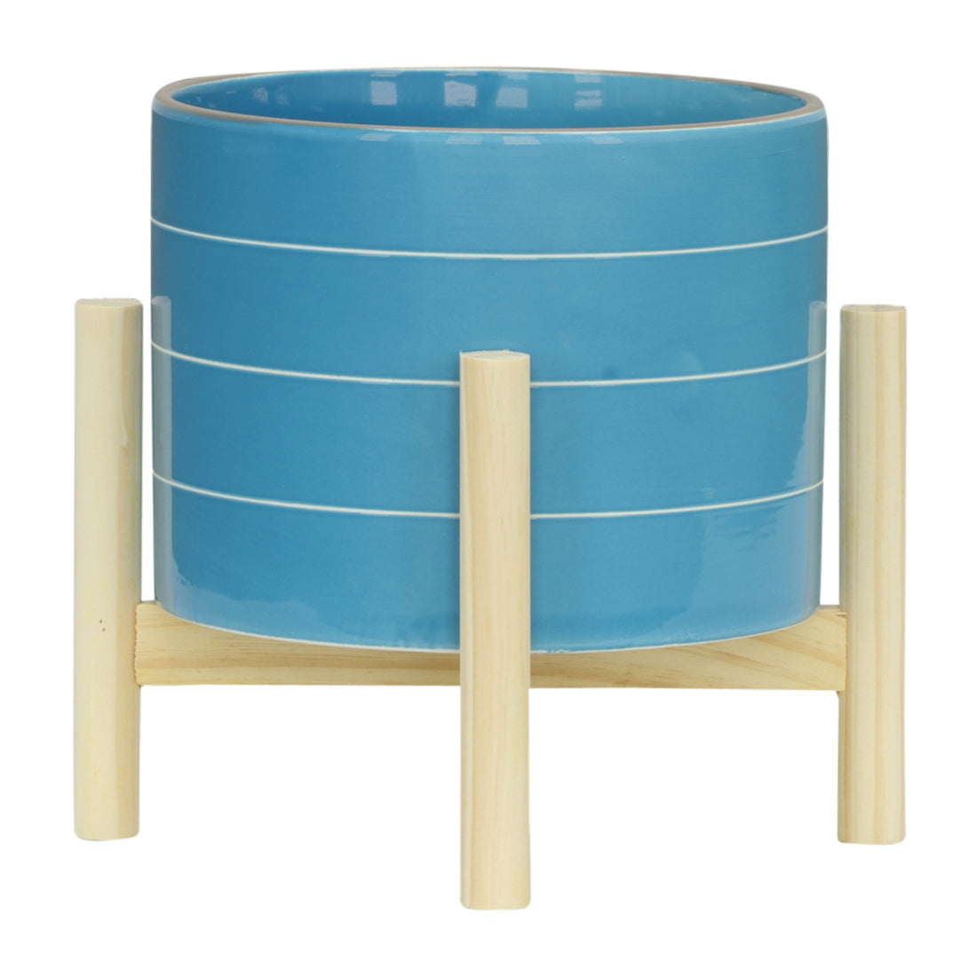 8" Striped Planter W Wood Stand, Skyblue Blue Ceramic