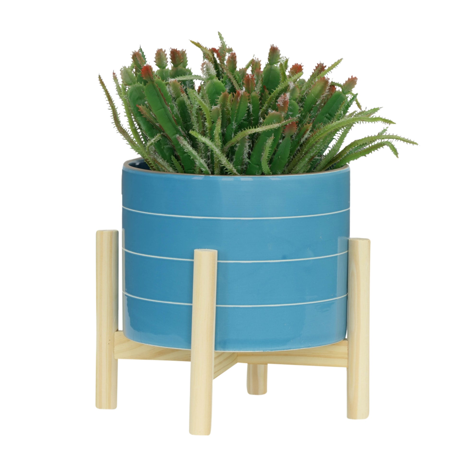 8" Striped Planter W Wood Stand, Skyblue Blue Ceramic