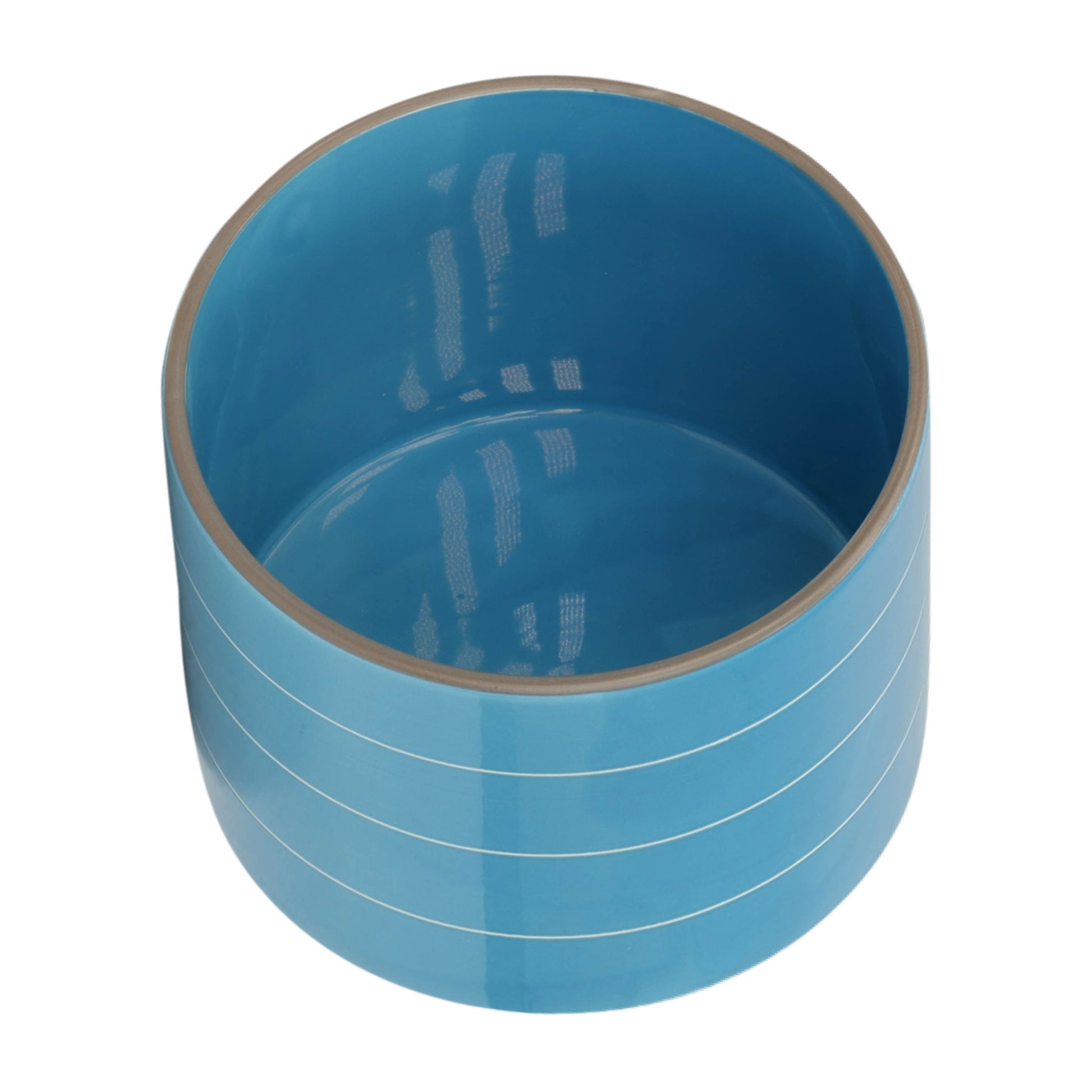 8" Striped Planter W Wood Stand, Skyblue Blue Ceramic