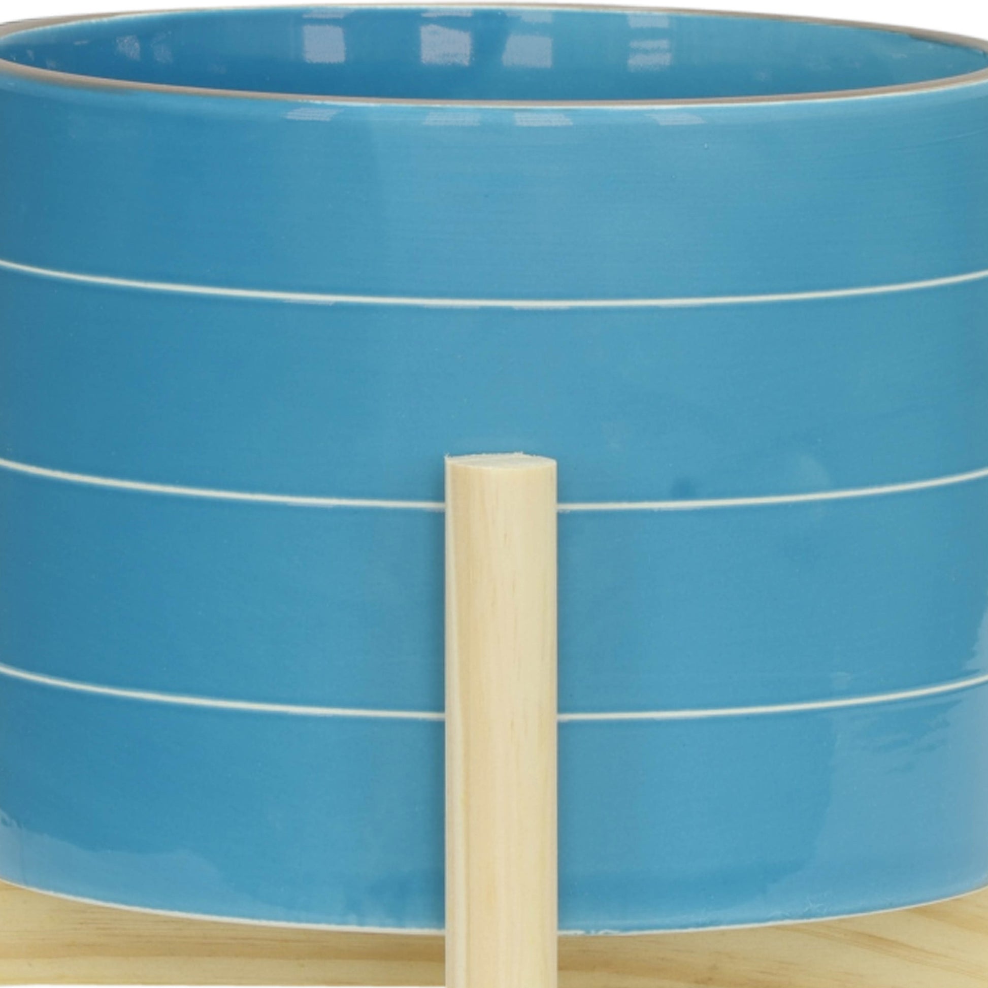 8" Striped Planter W Wood Stand, Skyblue Blue Ceramic