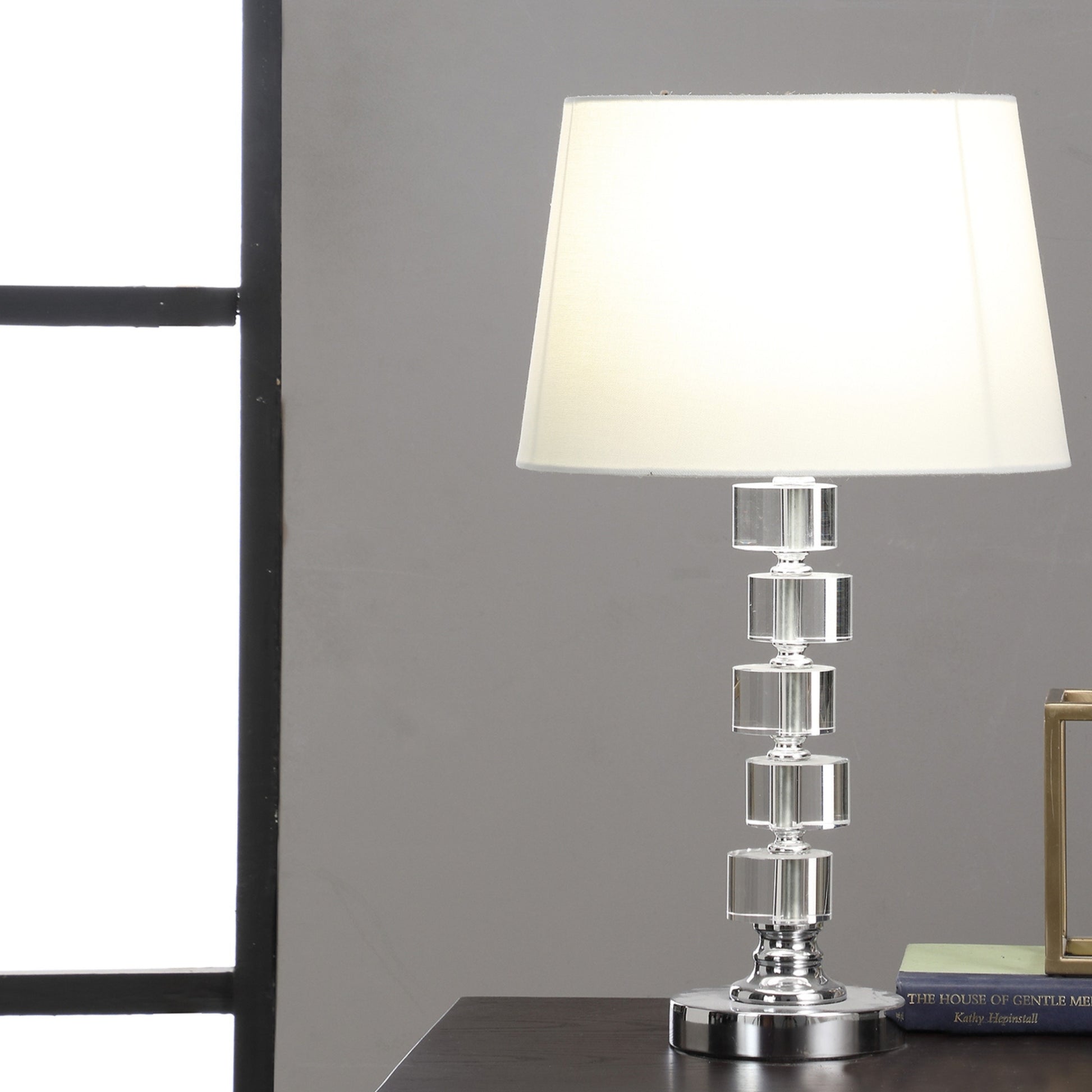 20" Crystal Round Stacked Cube Orbs Metal Table Lamp "Adelaine", White White Metal