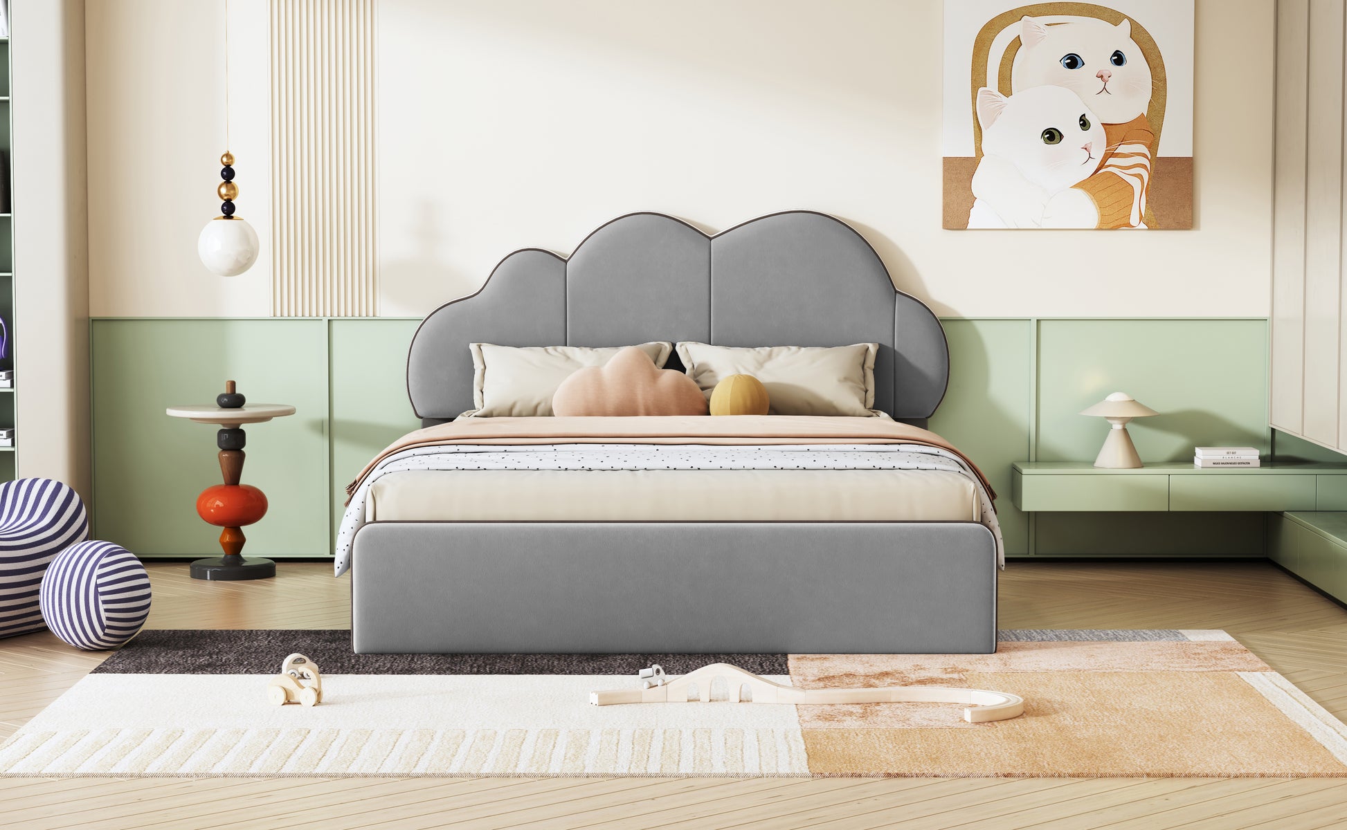 Queen Size Upholstered Platform Bed With Cloud Shaped Headboard, Gray Queen Gray Velvet