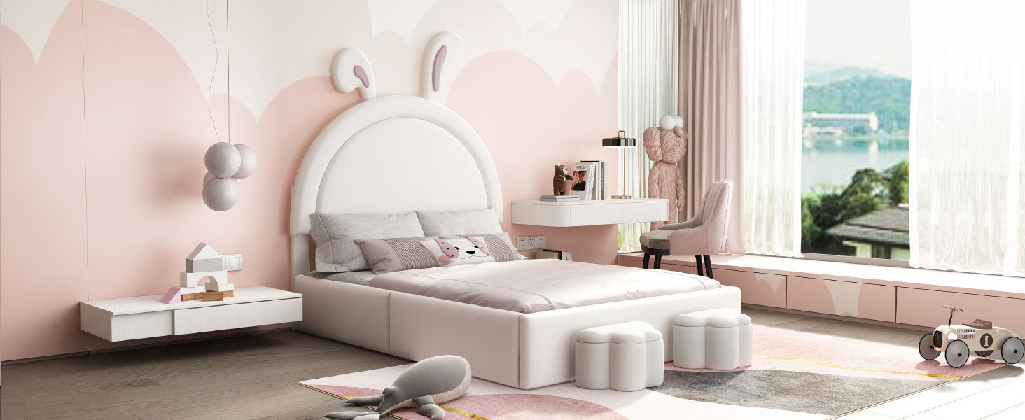 Full Size Upholstered Rabbit Shape Bed With 2 Storage Stools, Velvet Platform Bed With Cartoon Ears Shaped Headboard, White Full White Wood
