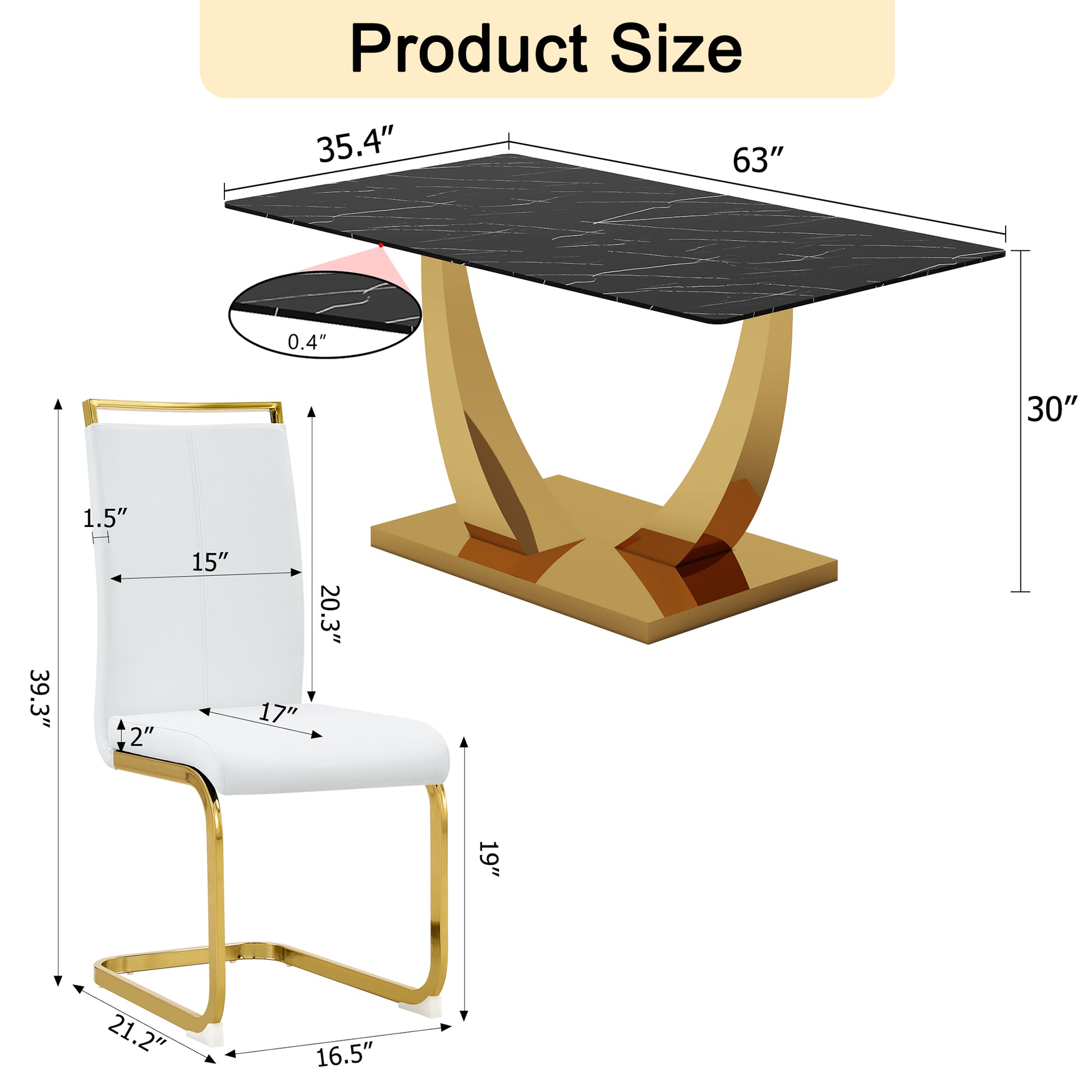 Table And Chair Set.Modern Rectangular Dining Table With Black Textured Stickers Glass Tabletop And Gold Plated Metal Legs.Paried With 6 Comfortable Chairs With Pu Seats And Golden Metal Legs. White Gold Seats 6 Glass Metal