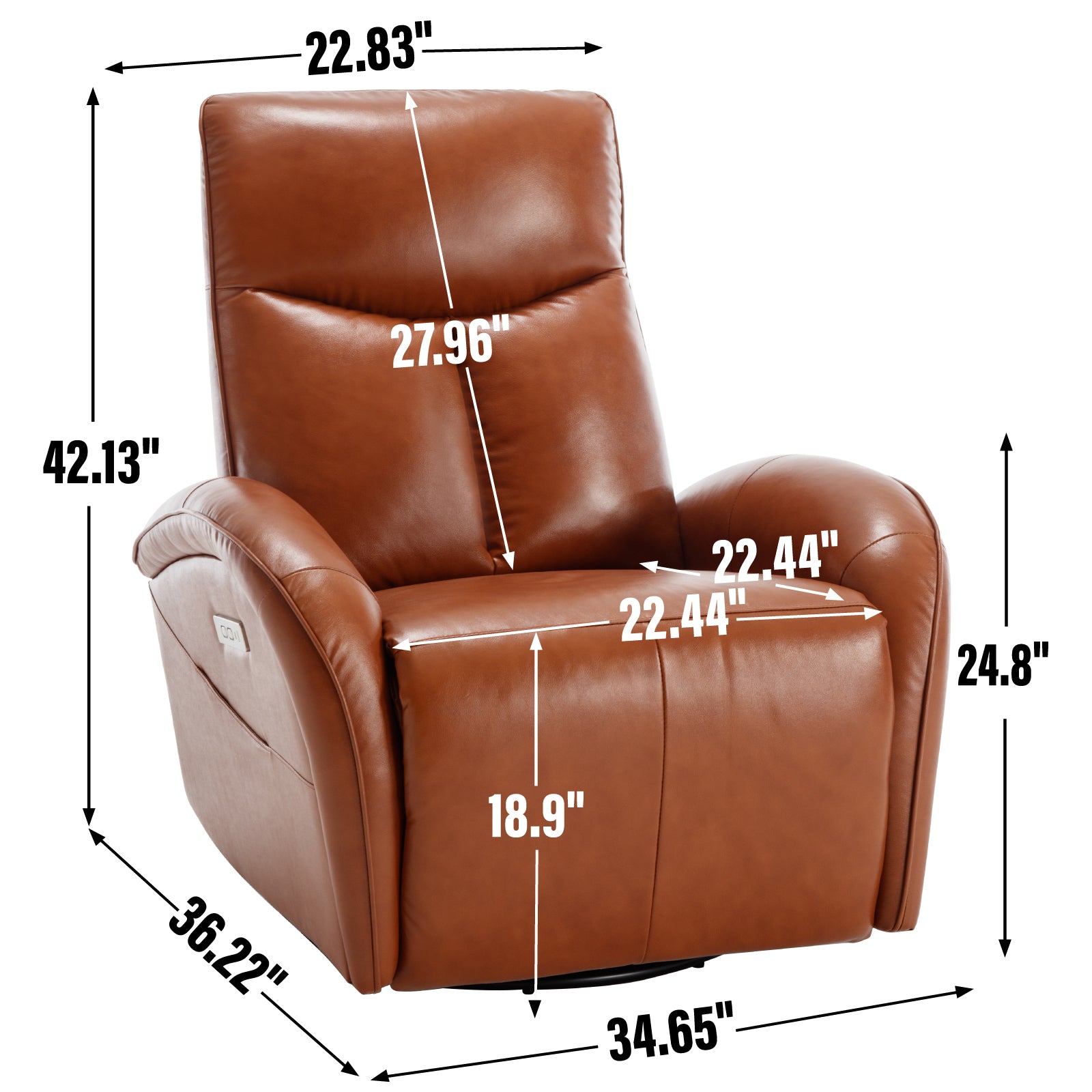 Yellow Brown Genuine Leather Swivel And Rocker Power Recliner Chair With Lumbar Support, Max Swivel Degree 270 , Heavy Duty Motion Mechanism With Usb And Type C Brown Genuine Leather Power Push Button Metal Primary Living Space Medium Firm Pillow Back