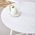 A Modern Minimalist Circular Dining Table With A 42 Inch Diameter White Patterned Tabletop And White Metal Legs. Suitable For Restaurants, Living Rooms, And Conference Rooms. White Mdf Metal
