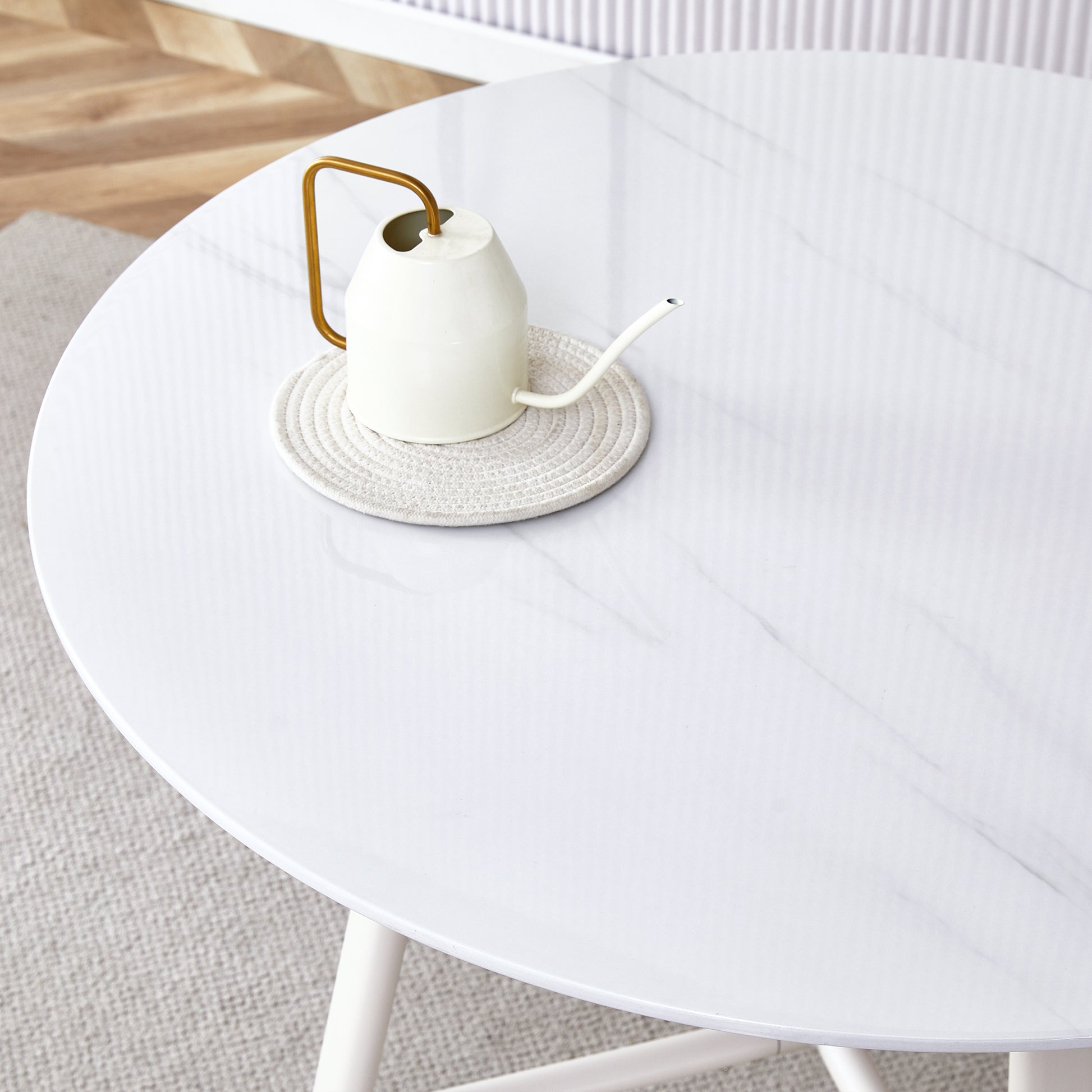 A Modern Minimalist Circular Dining Table With A 42 Inch Diameter White Patterned Tabletop And White Metal Legs. Suitable For Restaurants, Living Rooms, And Conference Rooms. White Mdf Metal