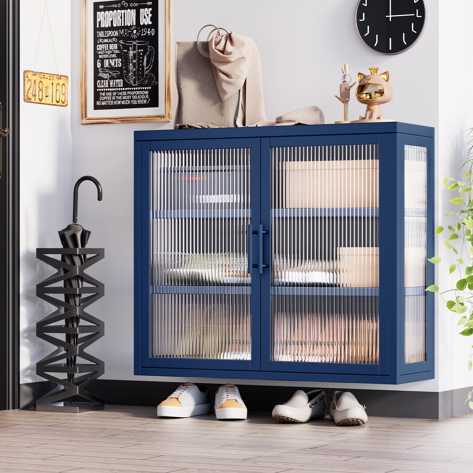 Retro Style Haze Double Glass Door Wall Cabinet With Detachable Shelves For Office, Dining Room,Living Room, Kitchen And Bathroom Blue Color Blue Tempered Glass Sheet Metal Plastic