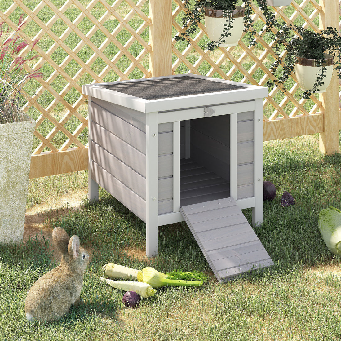 Pawhut Small Wooden Rabbit Hutch, Bunny Guinea Pig Cage, With Openable & Waterproof Roof, Gray Gray Wood