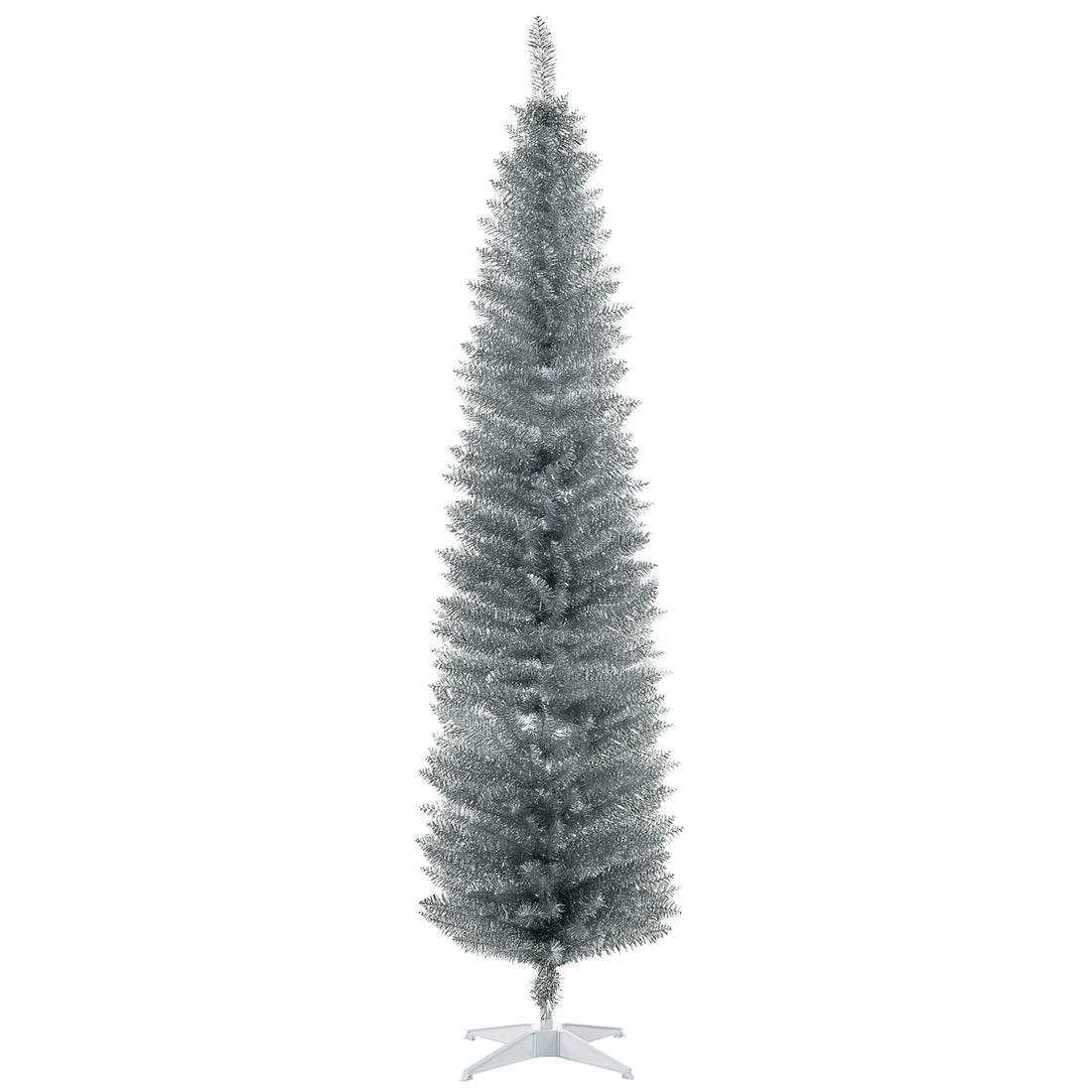 Homcom 7' Artificial Pencil Christmas Tree, Slim Xmas Tree With 499 Realistic Branch Tips And Plastic Stand, Silver Silver Plastic