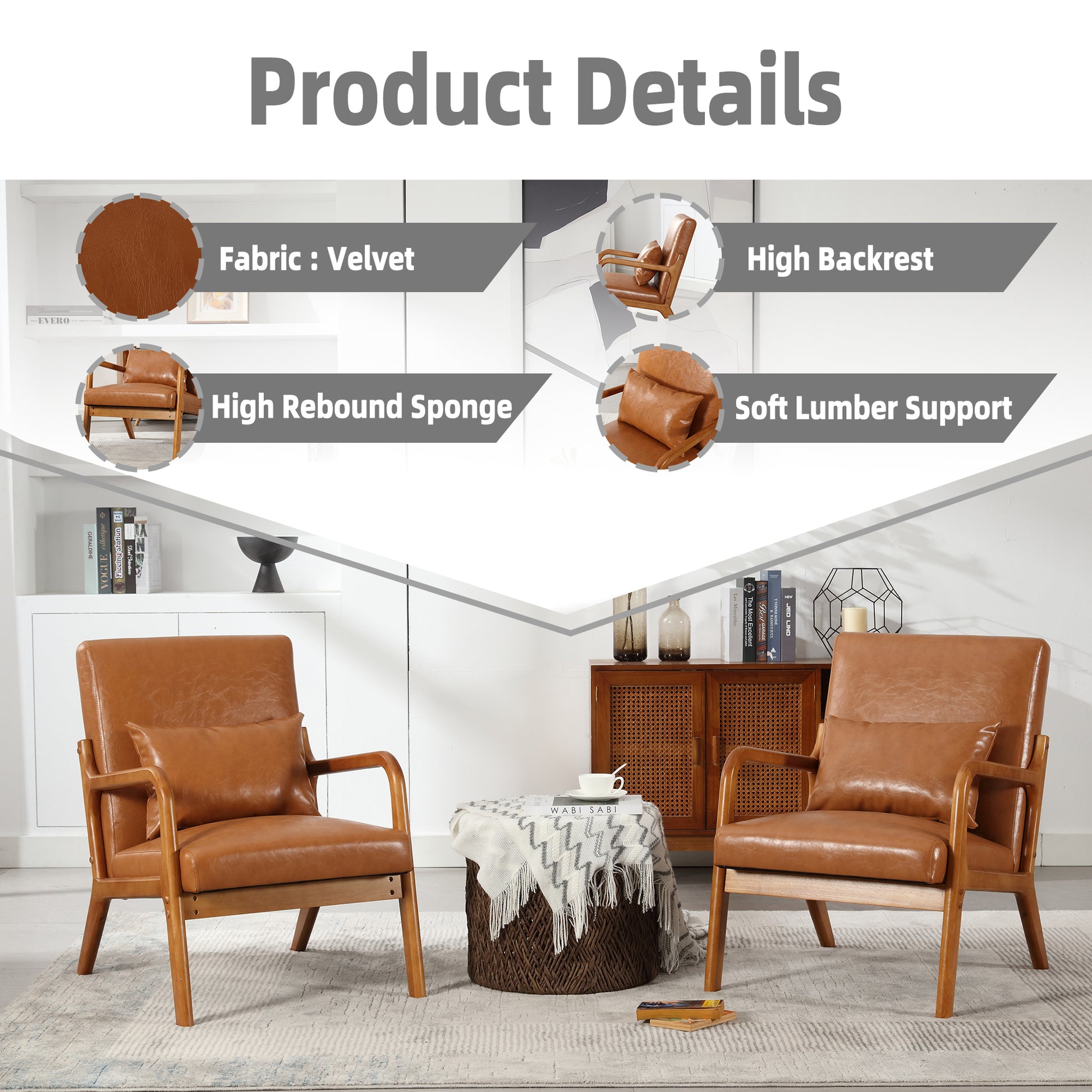 Coolmore Modern Accent Chair, Solid Wood Padding Lounge Armchairs With One Pillow For Living Room, Bedroom, Guest Room Light Brown Pu Light Brown Brown Primary Living Space Modern Rubberwood Foam Pu Leather