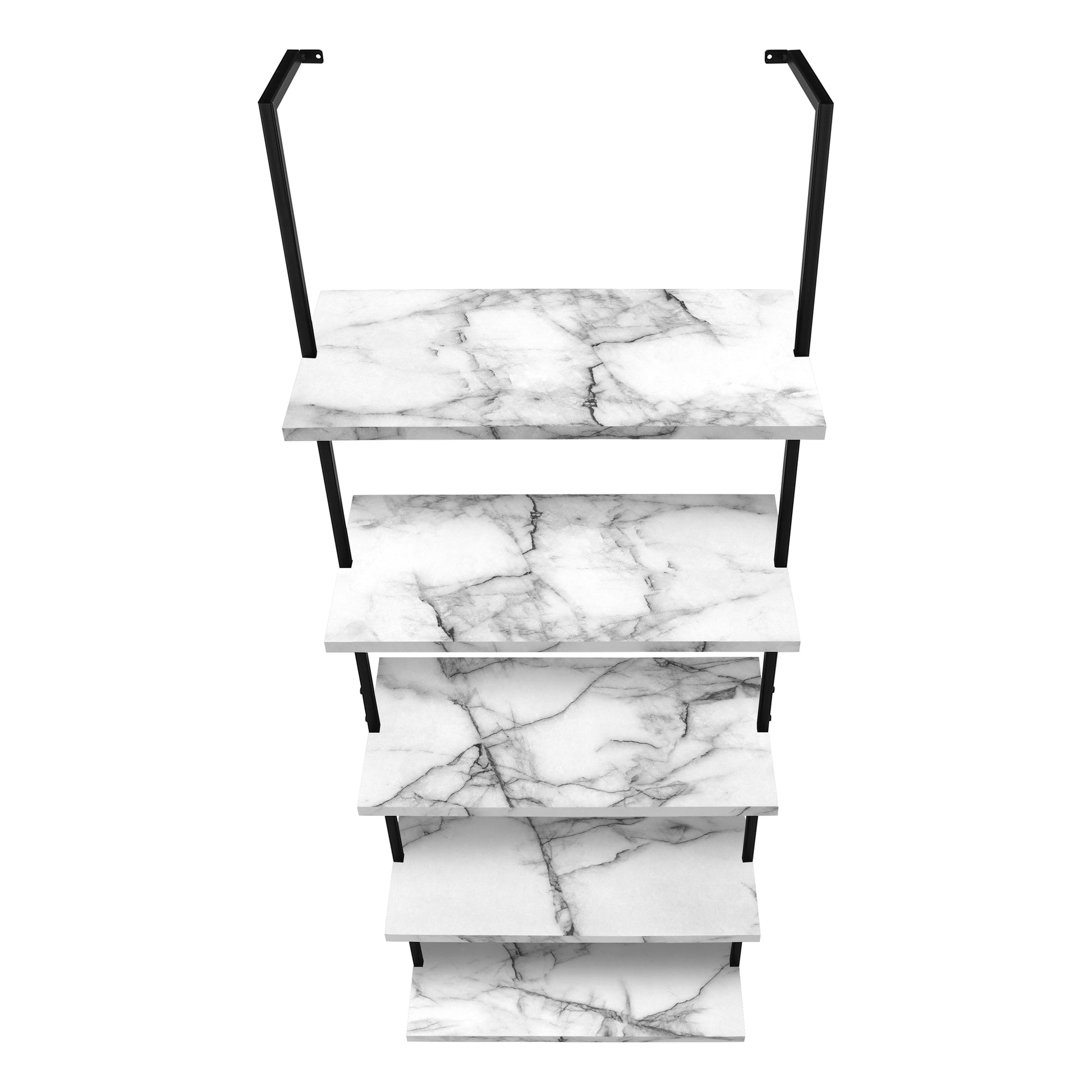 Bookshelf, Bookcase, Etagere, Ladder, 5 Tier, 72"H, Office, Bedroom, White Marble Look Laminate, Black Metal, Contemporary, Modern White Metal