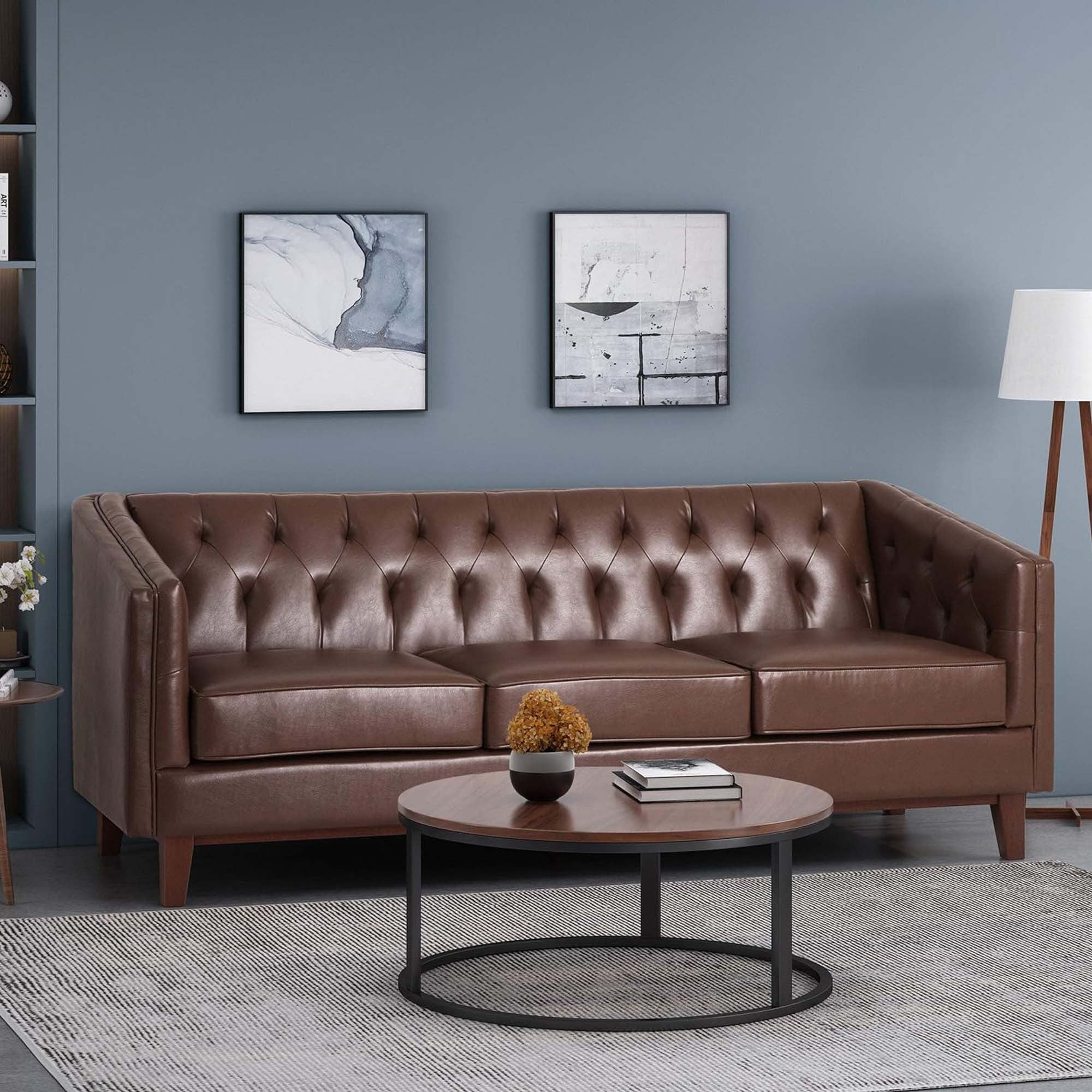 Mirod 81'' Pu Sofa,Tufted Back,Solid Wood Legs,Living Room And Study Dark Brown Pu 3 Seat