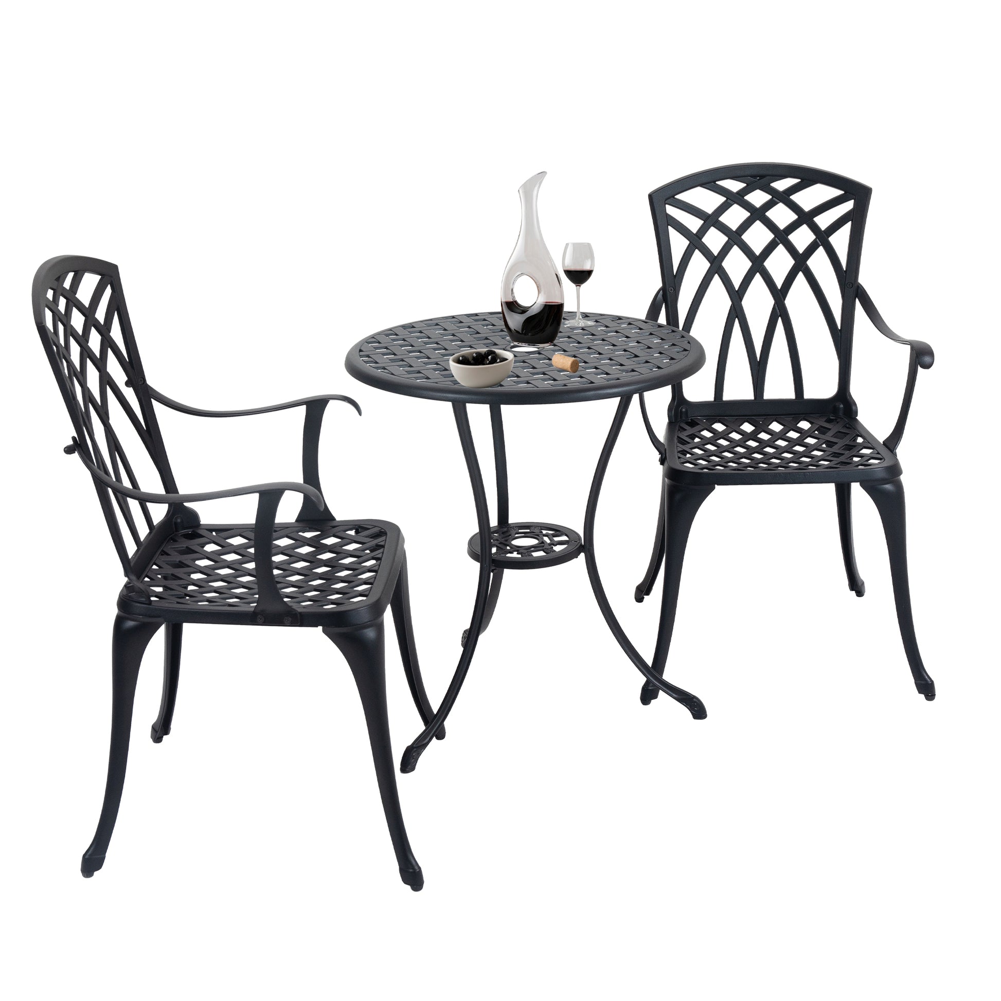 3 Piece Bistro Table Set Cast Aluminum Outdoor Patio Furniture With Umbrella Hole And Grey Cushions For Patio Balcony, Black Black Aluminium