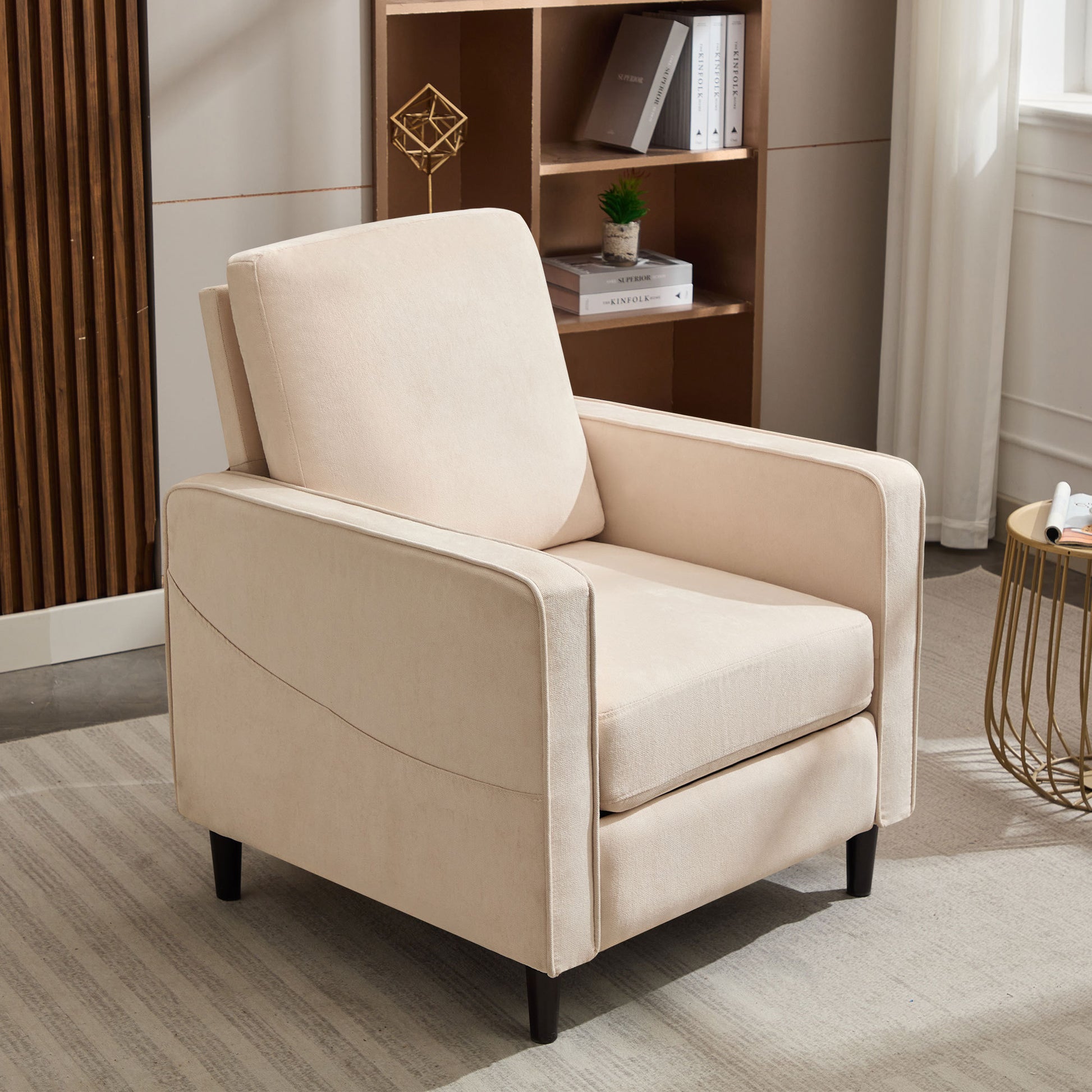 Mid Century Accent Chair ,Modern Linen Fabric Armchair For Living Room,Double Side Pockets, Comfortable And Padded Reading Feature Sofa Chair, Suitable For Bedrooms, Living Rooms, And Offices,Beige Beige Linen