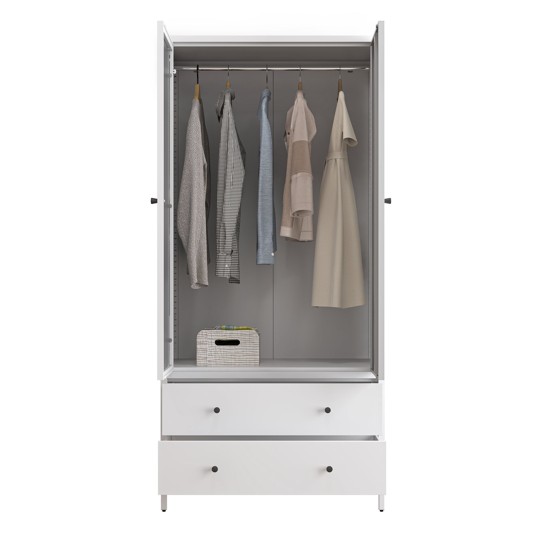 Metal Armoire Wardrobe Closet With 2 Drawers, Mirror Door And Hanging Rod, Metal Clothing Storage Cabinet, Garment Organizer With Magnetic Door White White Bedroom Retro Steel