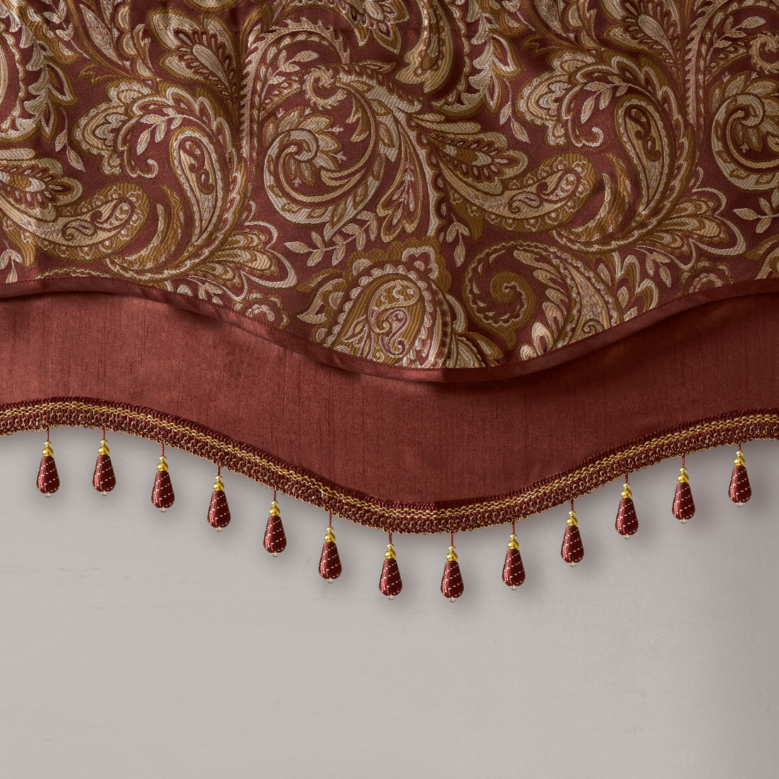 Jacquard Window Rod Pocket Valance With Beads Burdy 50X18" Burgundy Polyester