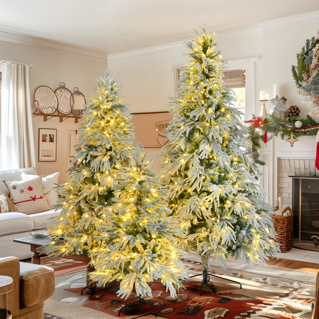 Pre Lit Spruce Snow Flocked Christmas Tree Set 4Ft, 6Ft, 7.5Ft, Artificial Hinged Xmas Tree With 800 Warm Yellow & Colorful Led Lights, 8 Flashing Modes, Holiday Office Home D Cor White Green Polyethylene