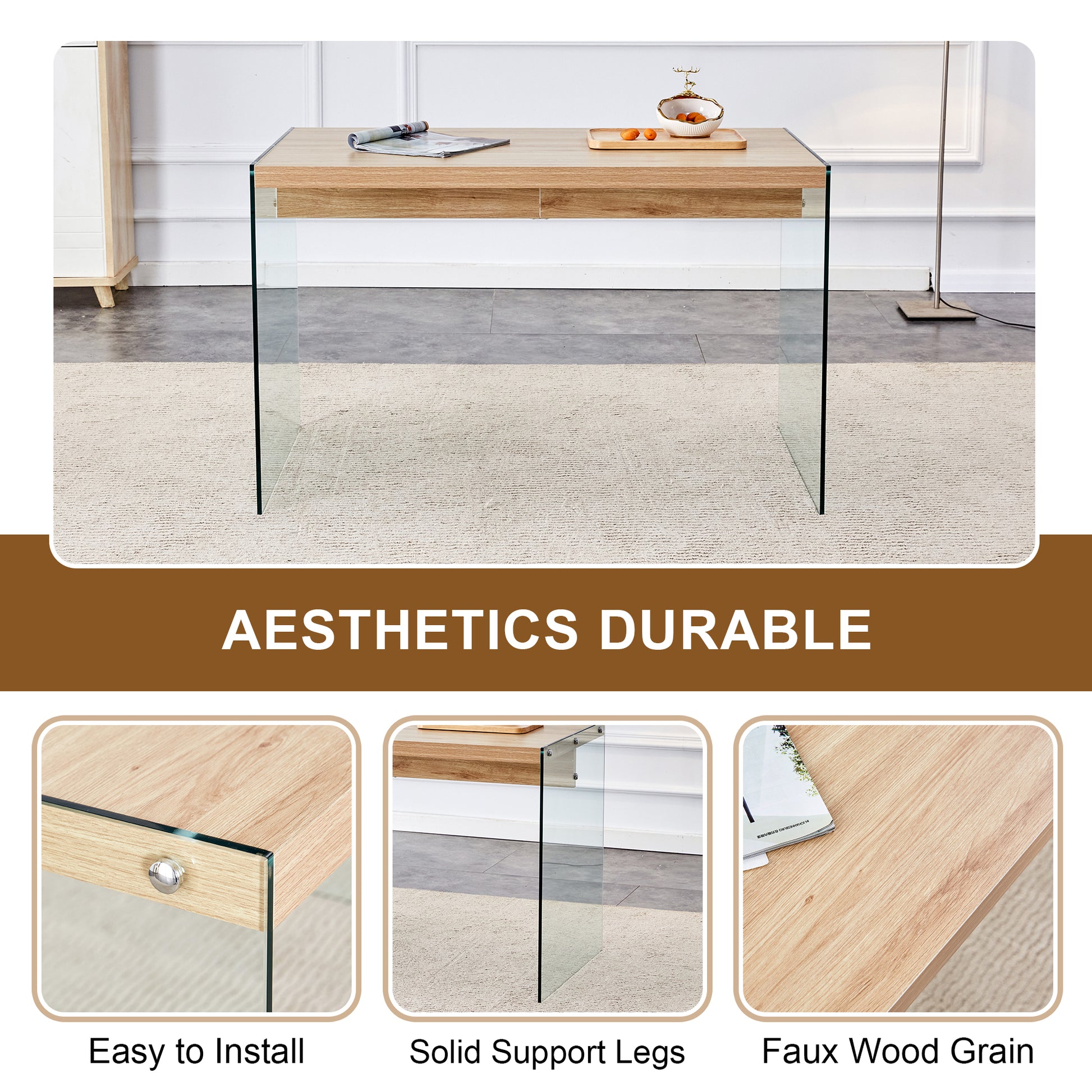 The Top Of The Coffee Table Is Made Of Medium Density Fiberboard And Wooden Stickers, With Transparent Tempered Glass On Both Sides. The Design Is Simple And Elegant, With A Sturdy Structure. Wood Mdf Glass