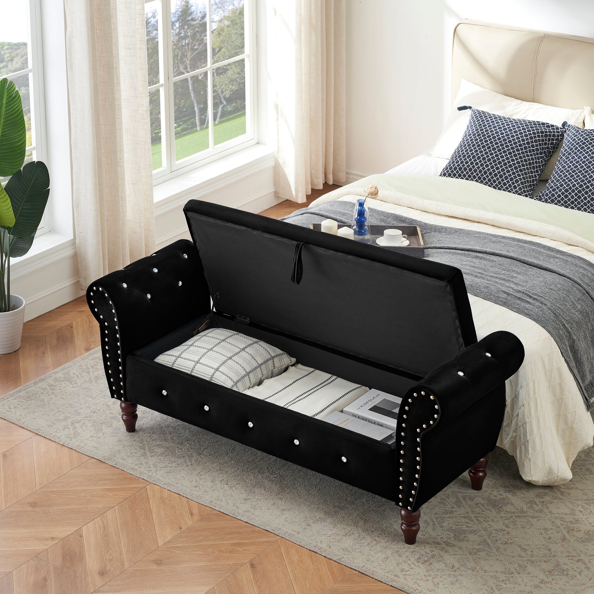 63.38"Velvet Multifunctional Storage Rectangular Ottoman Bench Comes With Crystal Buckle Solid Wood Legs With 1 Pillow,Black Black Velvet