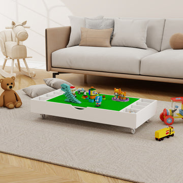 The 2 In 1 Rollaway Play Table And Toy Organizer Compatible With Lego Suitable For Storing Under Bed Or Sofa White 38" X 18.7" X 5.9" White Green Mdf