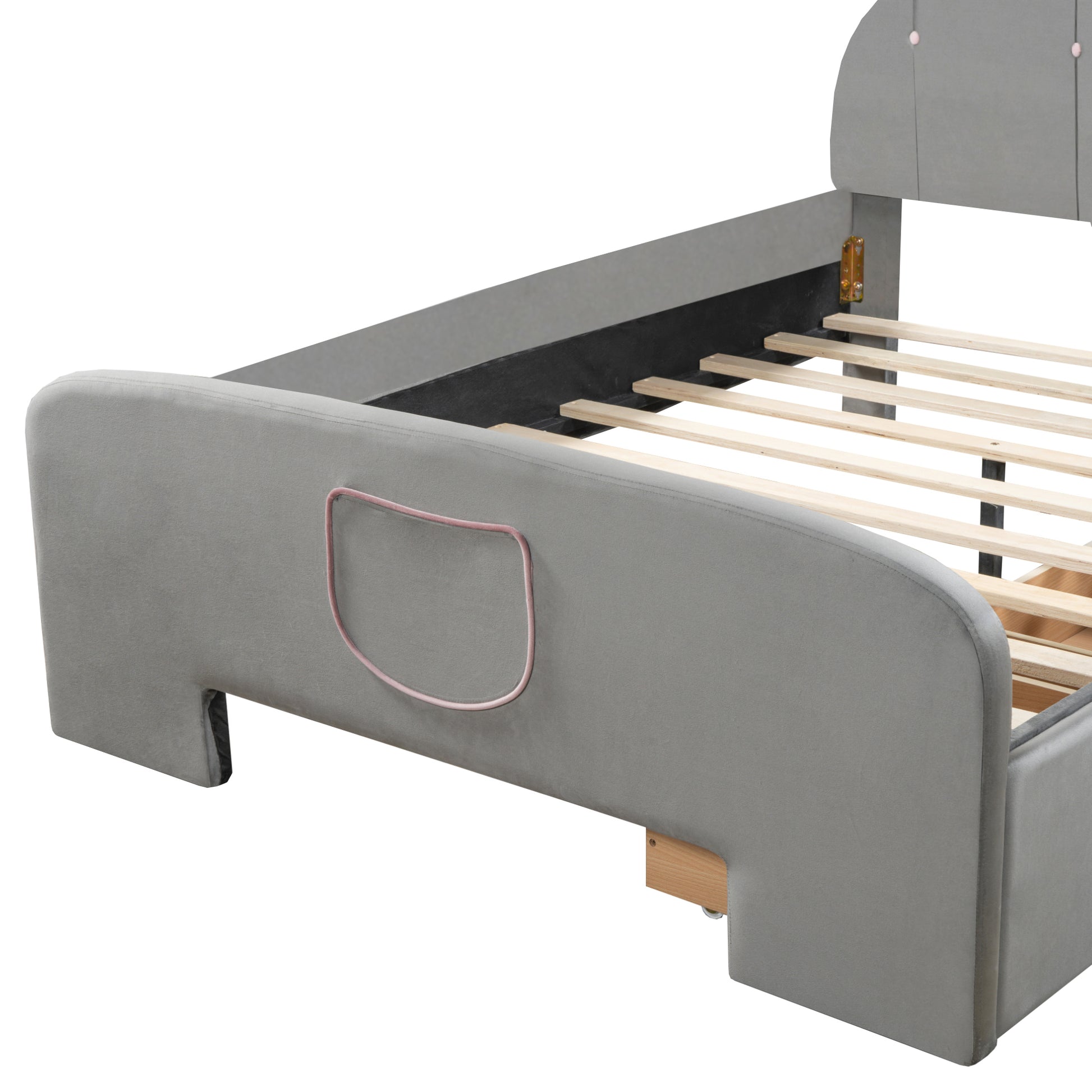 Full Size Velvet Platform Bed With Rabbit Shaped Headboard, With Drawers, With Bed End Storage Pocket, Gray Full Gray Plywood