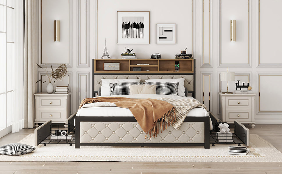 Metal Queen Size Platform Bed With 4 Drawers, Upholstered Headboard And Footboard, Sockets And Usb Ports, Beige Queen Beige Black Fabric Metal