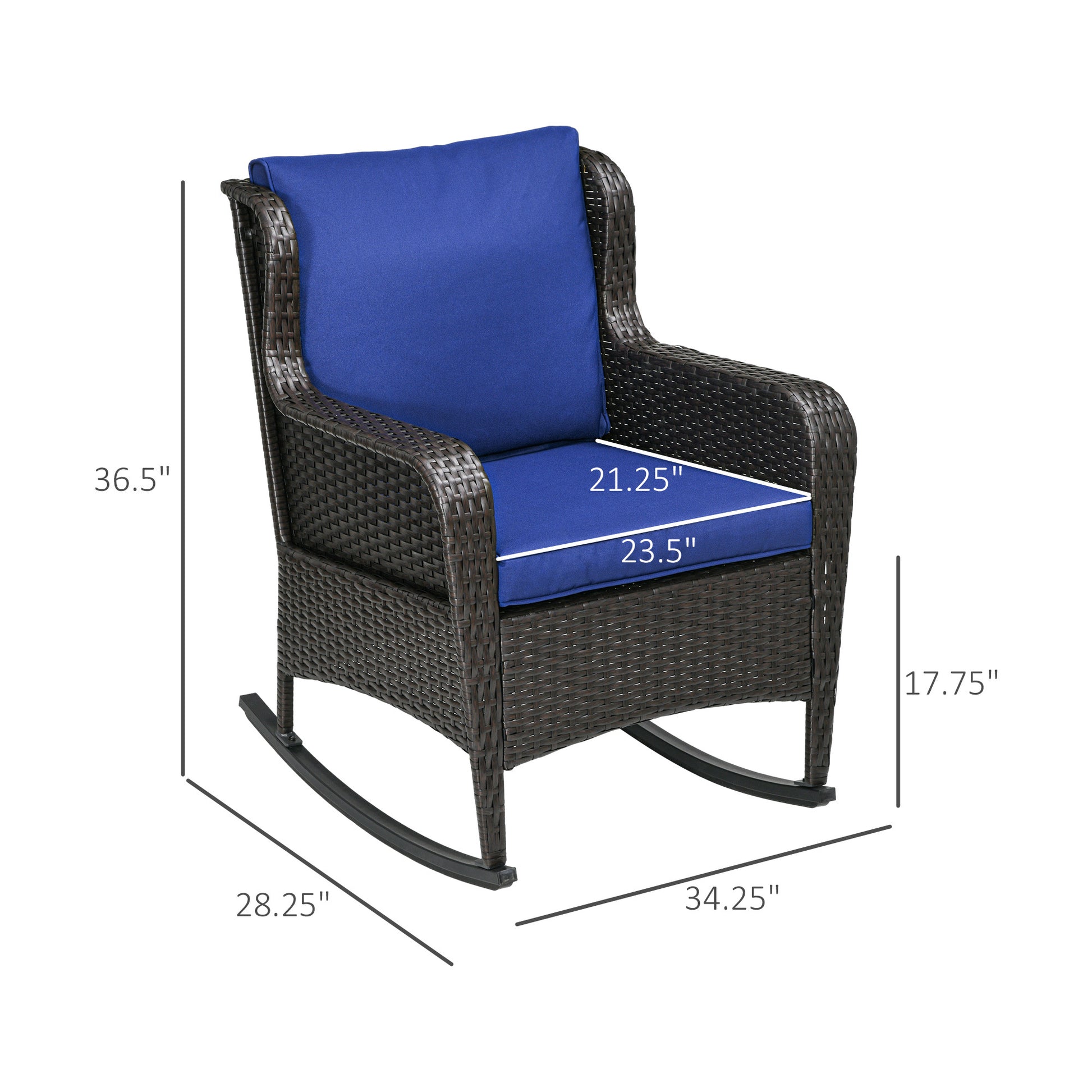 Outsunny Outdoor Wicker Rocking Chair With Wide Seat, Thick Cushions, Rattan Rocker With Steel Frame, High Weight Capacity For Patio, Garden, Backyard, Dark Blue Blue Steel