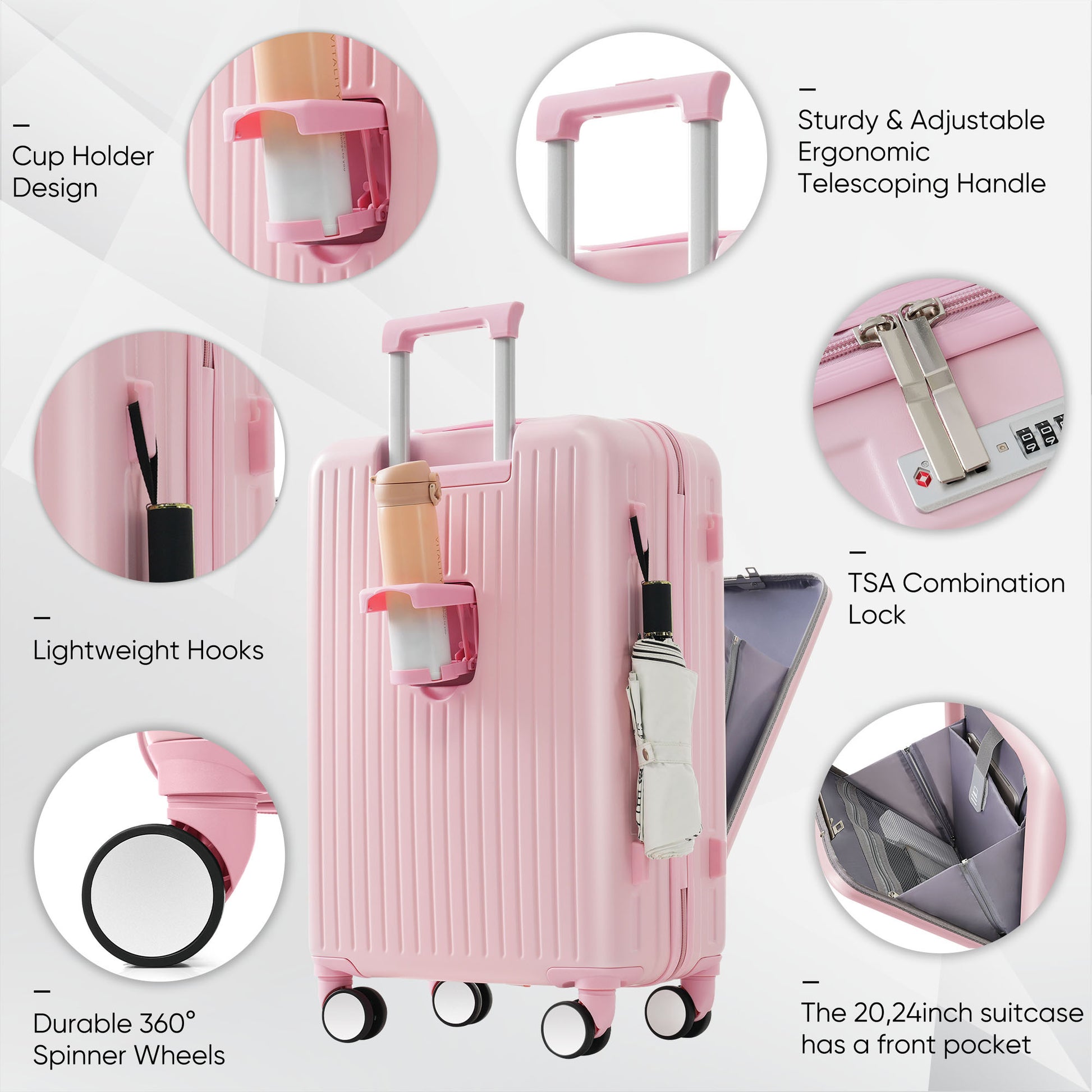 Front Opening 20 Inch Carry On Luggage With Expandable Travel Bag Set, Abs Hard Shell Two Piece Suitcase Set With Usb Portcup Holder, Pink Pink Abs