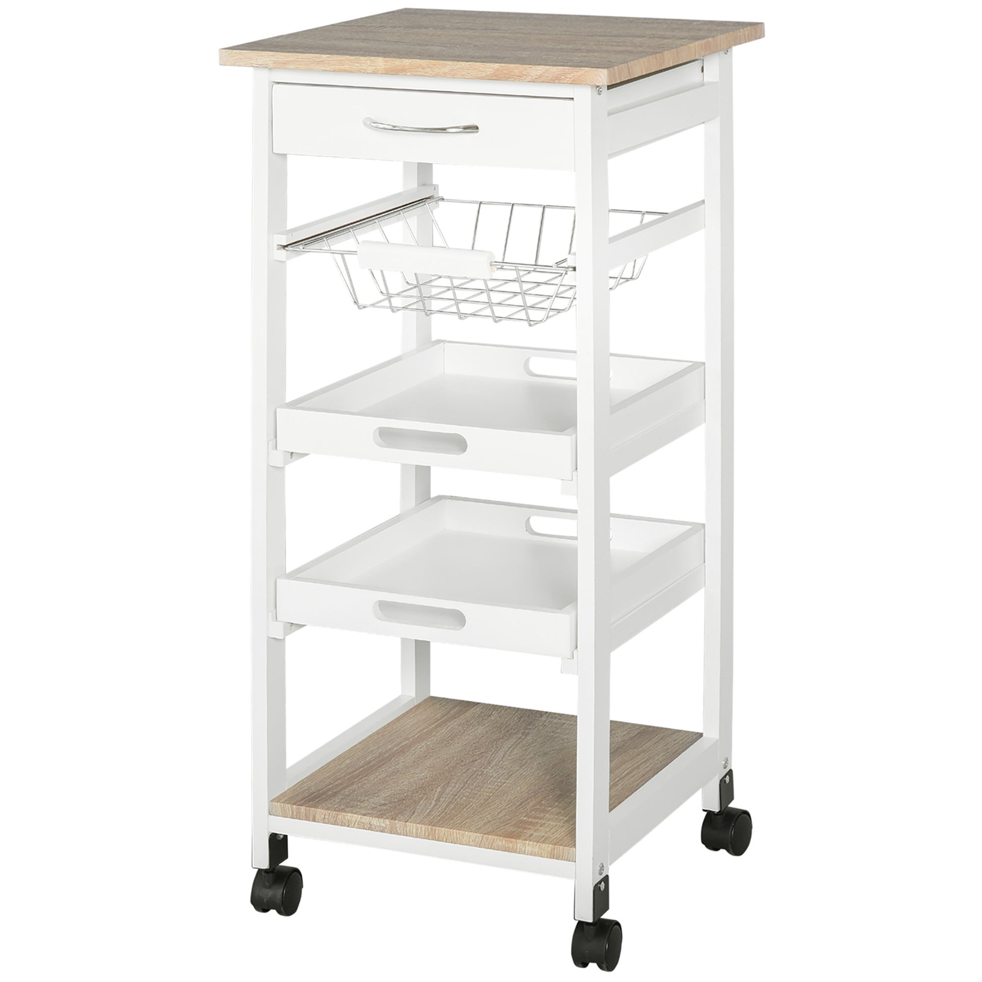 Homcom Mobile Kitchen Cart, Rolling Kitchen Island With Storage, Solid Wood Frame Utility Cart With Wire Fruit Baskets, Trays And Drawer, White White Mdf