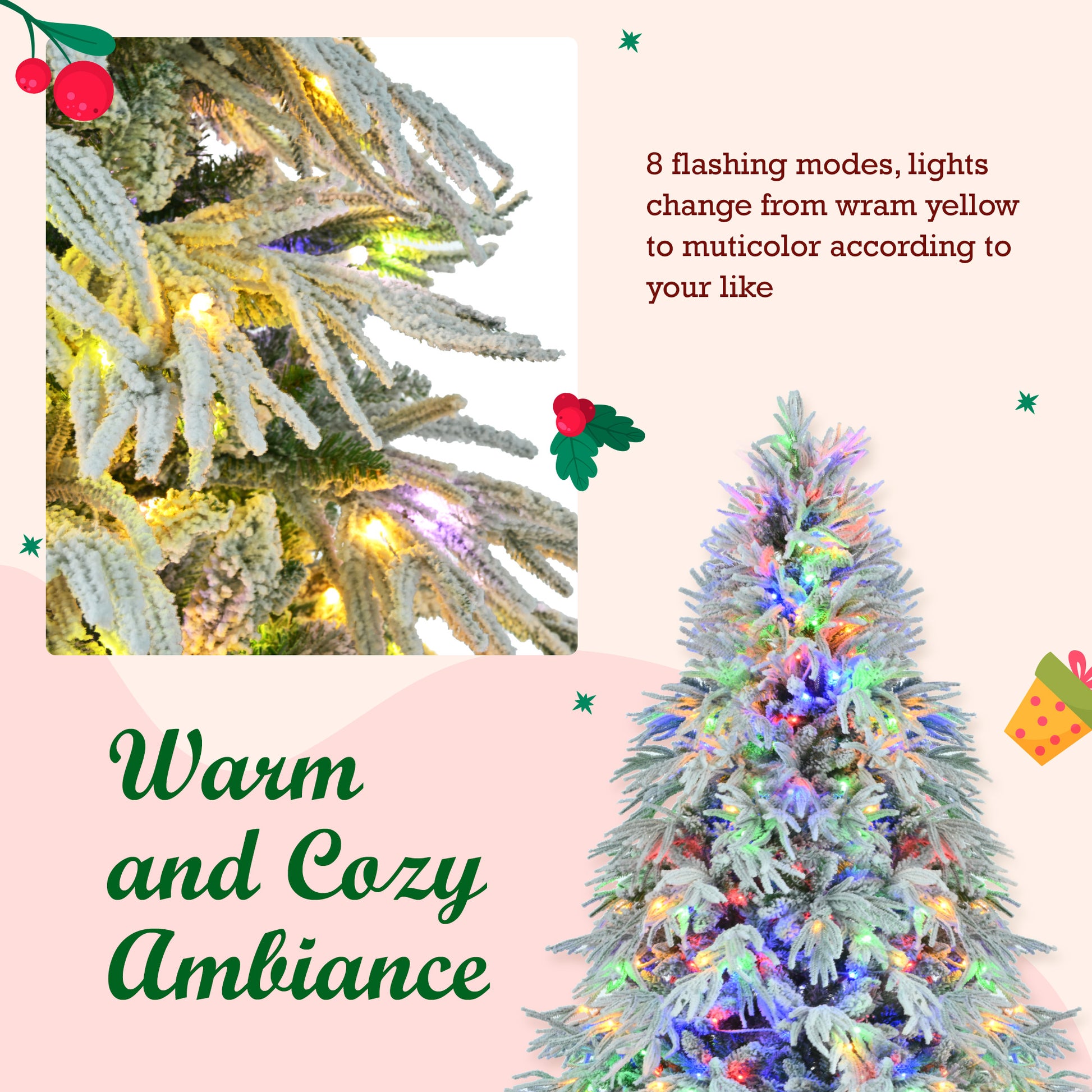 Pre Lit Spruce Snow Flocked Christmas Tree Set 4Ft, 6Ft, 7.5Ft, Artificial Hinged Xmas Tree With 800 Warm Yellow & Colorful Led Lights, 8 Flashing Modes, Holiday Office Home D Cor White Green Polyethylene