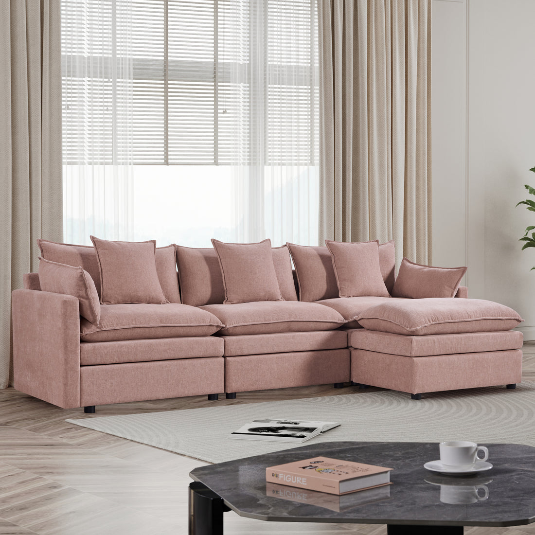 108.66"Modern Chenille L Shaped Sectional Sofa With Convertible Chaise, Comfy Cloud Couch Deep Sectional Sofa With Ottomans For Living Room Pink Wood Foam Chenille 3 Seat