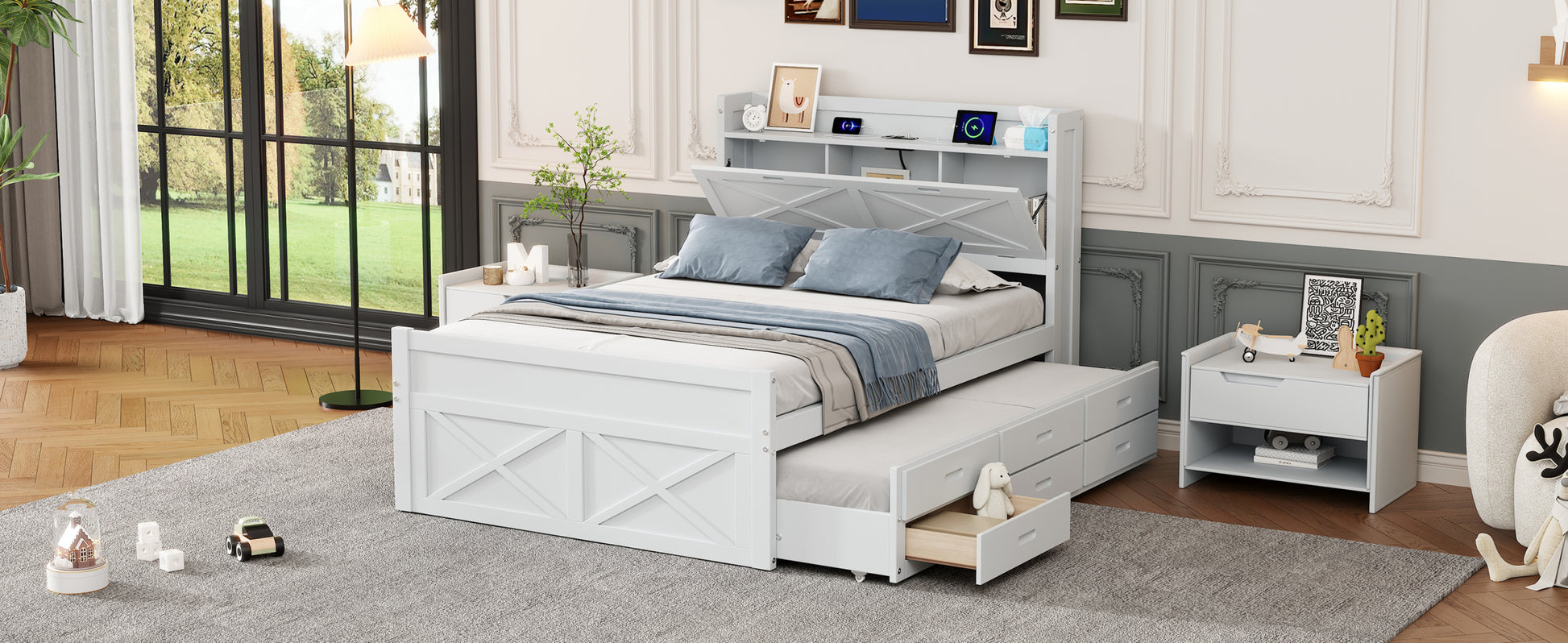 Full Size Wooden Bed With Storage Headboard With Outlets, Extendable Bed With Twin Size Trundle With Three Storage Drawers,White Expected Arrival Time:8.23 Full White Wood
