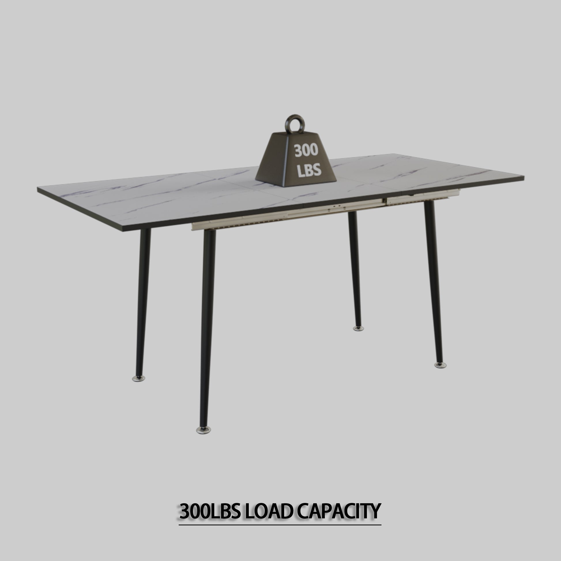 63" Mdf Square White Marble Pattern Stretchable Dining Table, Modern Industrial Kitchen And Dining Table, Equipped With Tapered Black Metal Legs White Mdf