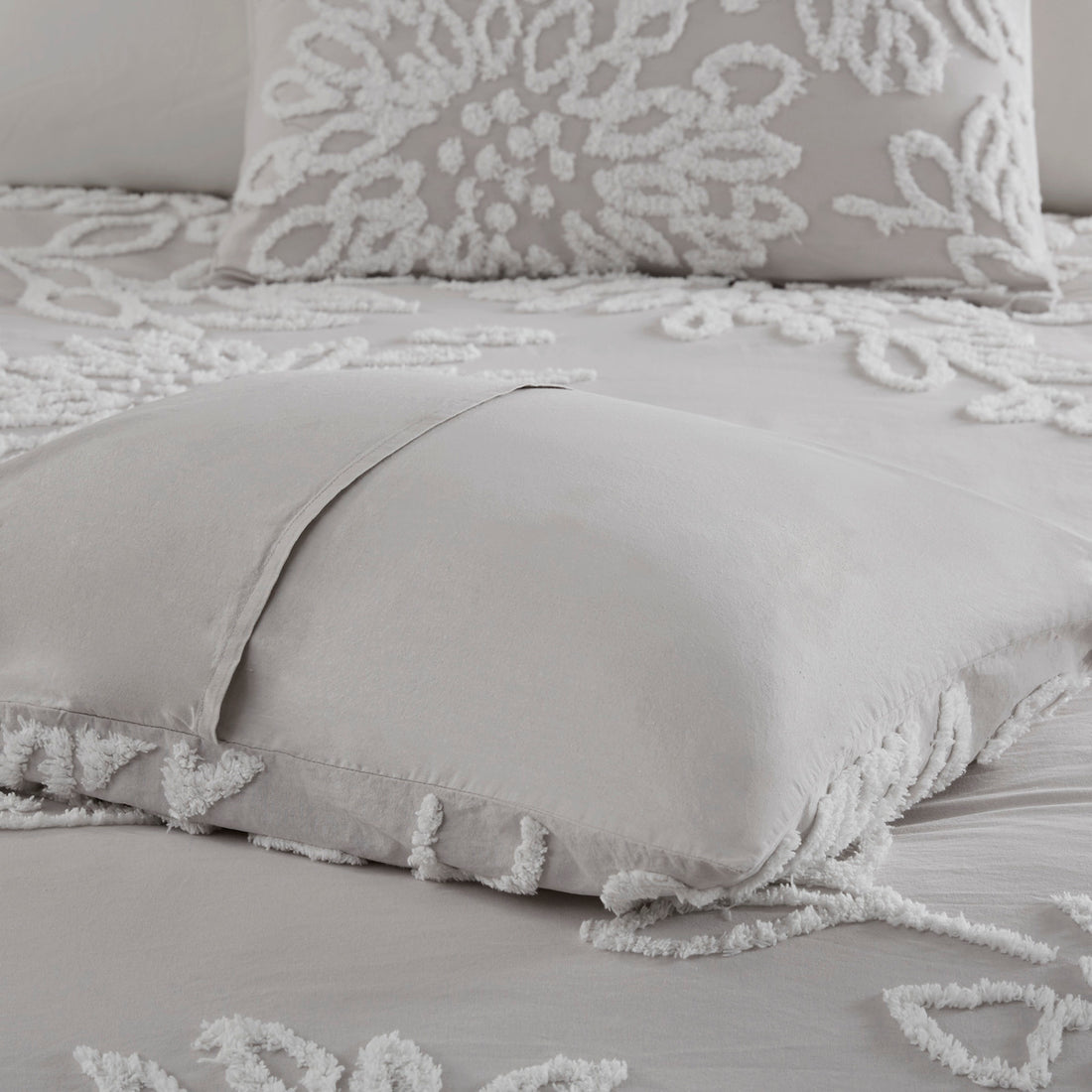 3 Piece Tufted Cotton Chenille Floral Comforter Set Warm Grey White Full Queen Full Warm Grey White Cotton