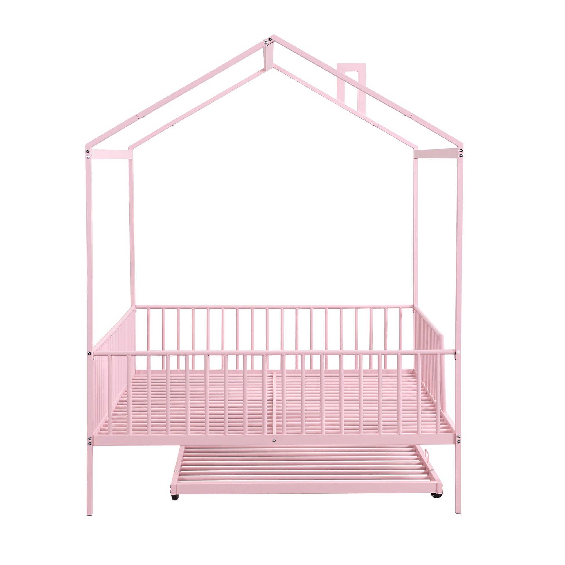 Full Size Metal House Bed With Fence, With Trundle, Pink Full Pink Metal